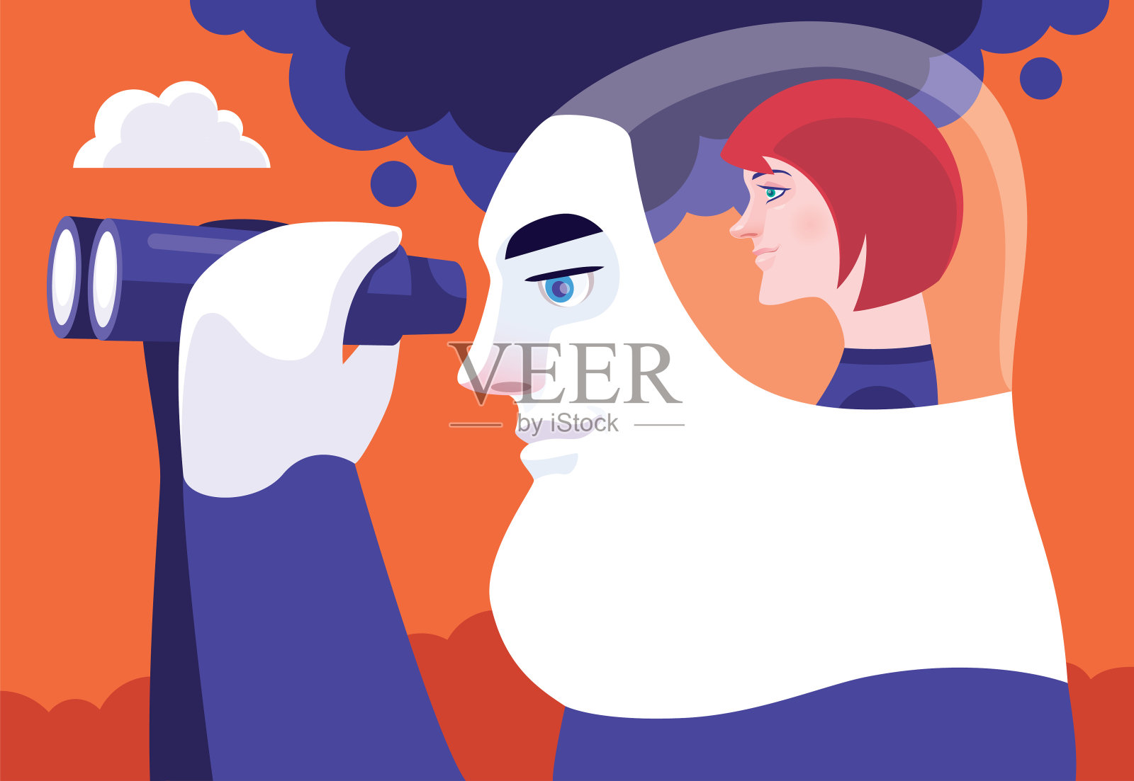 女人操作机器人男人用双筒望远镜搜索插画图片素材