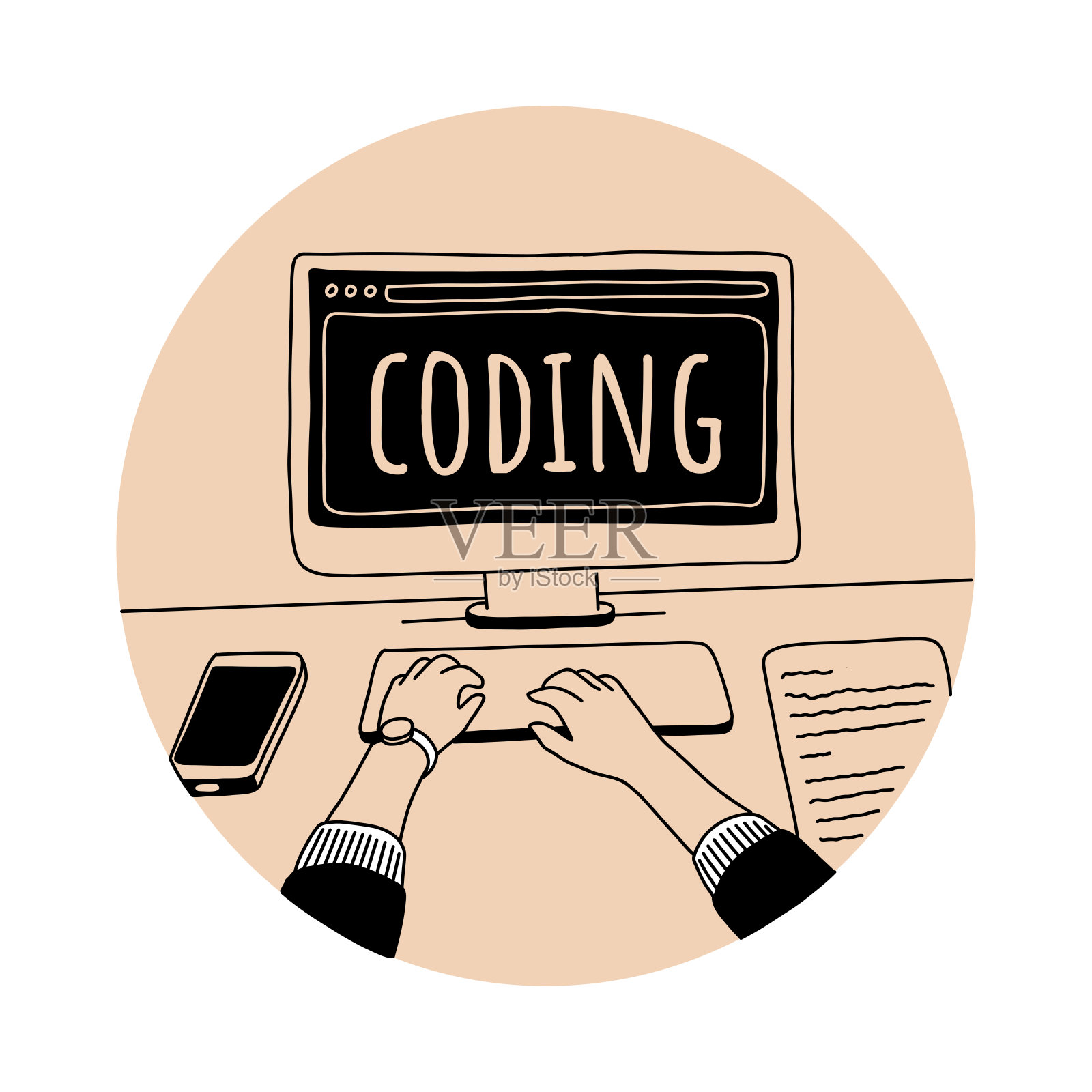 做网页设计和网页编码的年轻人。矢量插图的网页设计开发设计理念。手绘，素描，涂鸦。插画图片素材