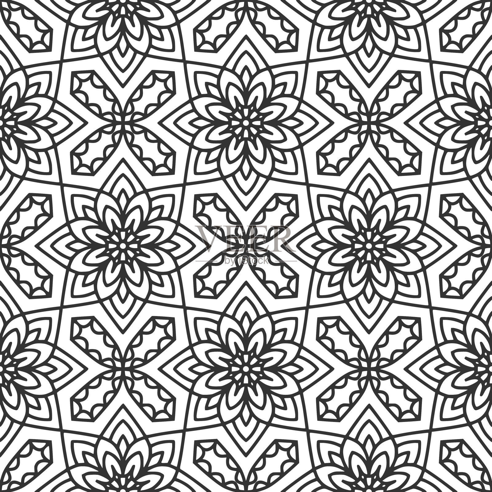 民族花卉无缝图案与曼陀罗插画图片素材