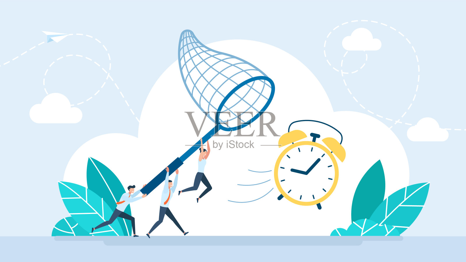 有截止日期、时间管理和压力的概念。忙碌的商务人士和时间赛跑。运行闹钟。时间到了。工人们努力跟上进度和计划。平面矢量图插画图片素材