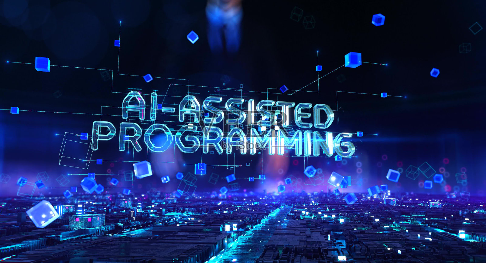 人工智能辅助编程——在办公室使用虚拟现实的商人。插画图片素材