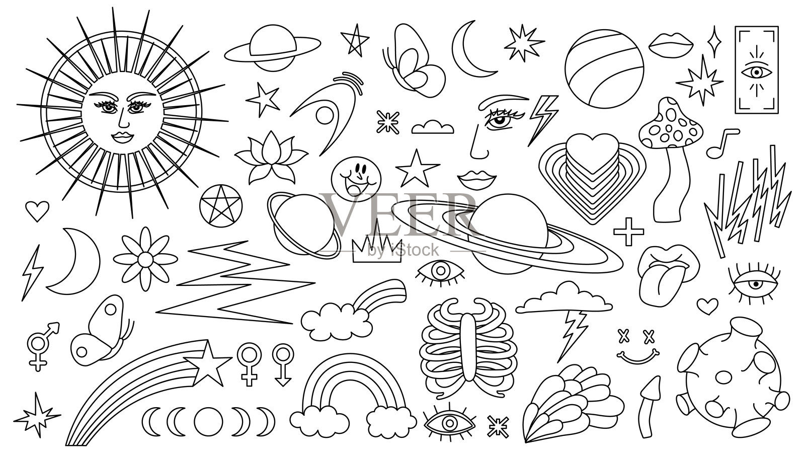 魔术背景复古风格与手绘元素。装饰神秘向量孤立的图案。可编辑的笔画贴纸。极简主义中的深奥元素。收藏神秘符号纹身艺术插画图片素材