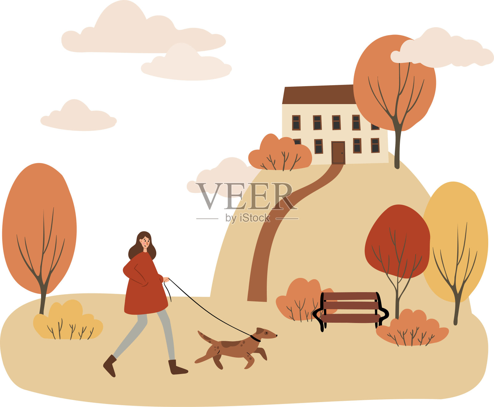 秋天的城市插图，人们走在秋天的公园矢量剪贴画，舒适的城市街道与房子在斯堪的纳维亚风格和五颜六色的树木png，矢量城市景观场景，剪贴画在平面卡通风格。插画图片素材