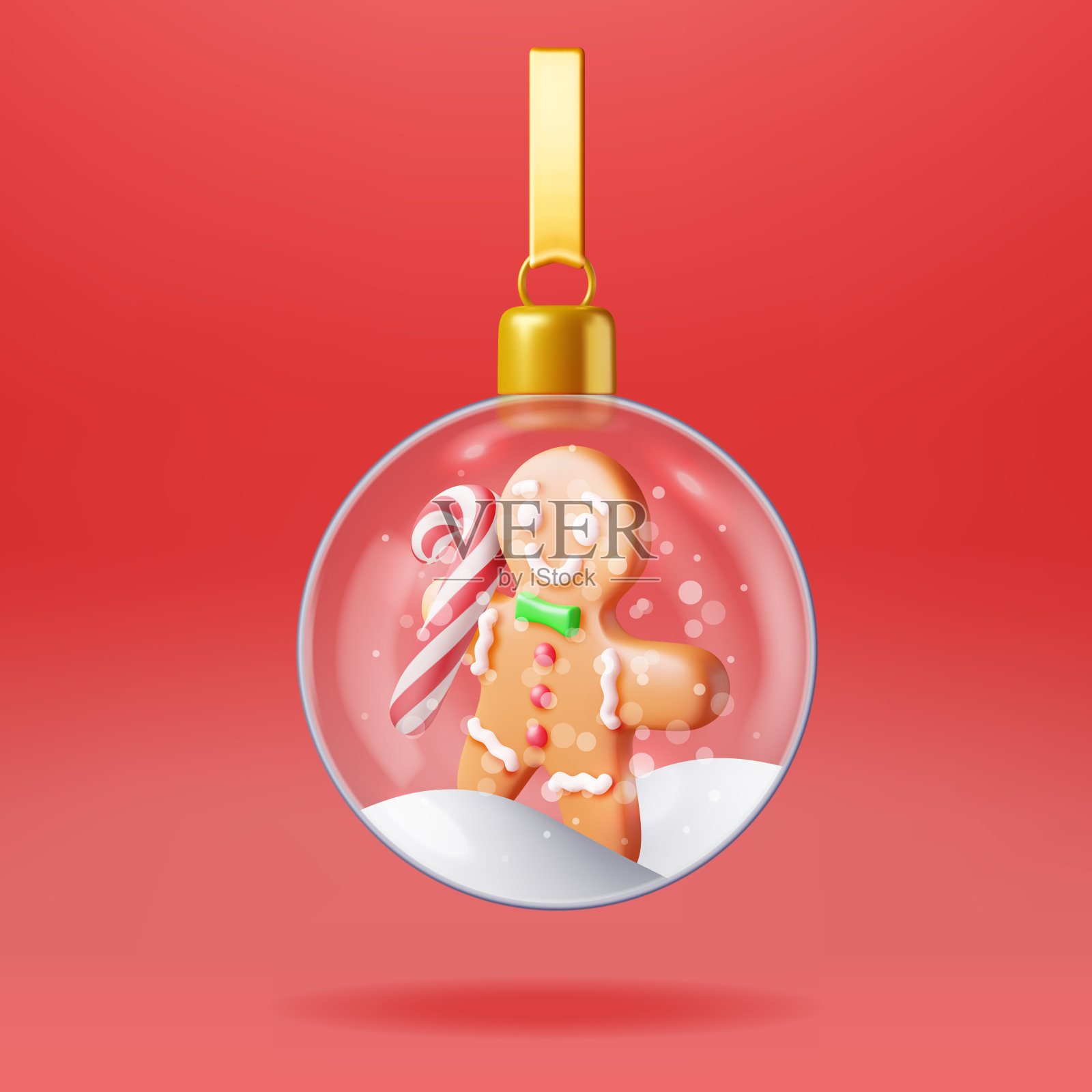 3D圣诞玻璃球与雪姜饼人插画图片素材
