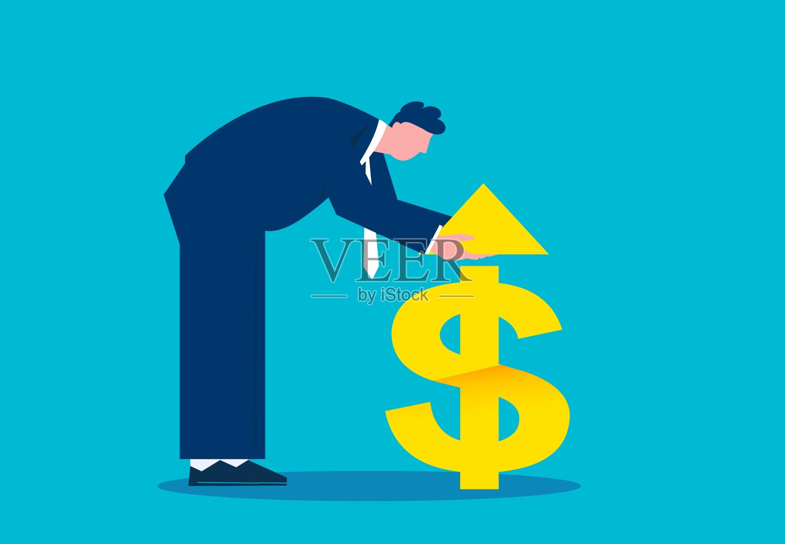 投资成本或利润增加、储蓄金额利息增加、通货膨胀、美联储提高利率的货币政策、交易员在美元符号上竖起箭头插画图片素材