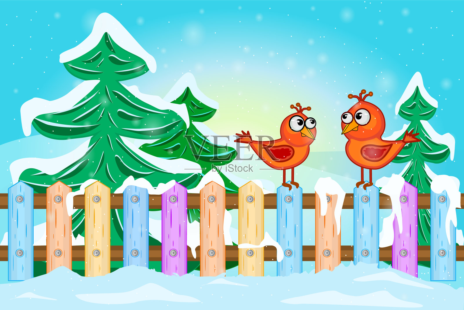 两只红色的鸟坐在篱笆上。卡通冬季景观，红鸟在栅栏上，雪和冷杉树。插画图片素材