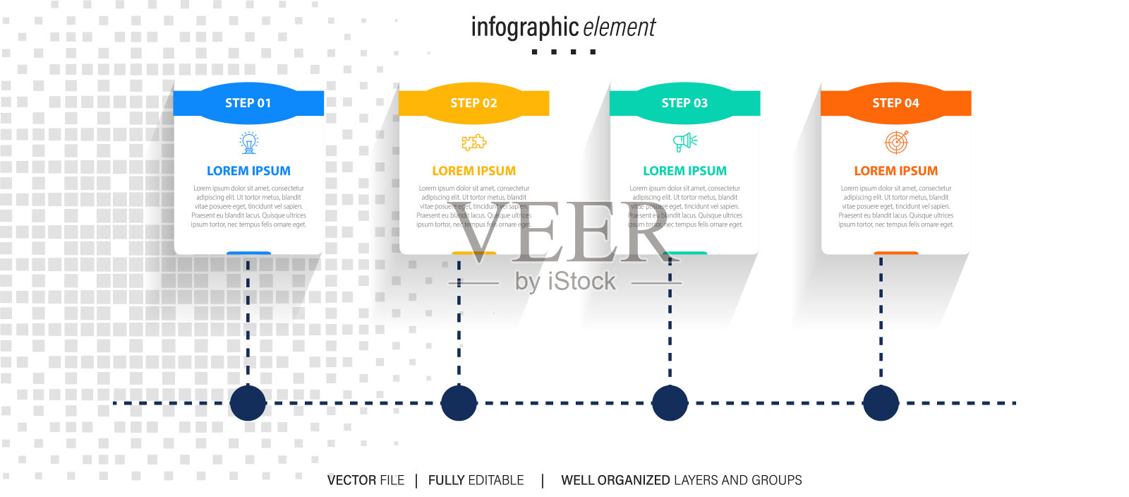4个连续步骤的商业模式概念。四个彩色图形元素。宣传册、演示文稿的时间线设计。资讯图设计布局插画图片素材