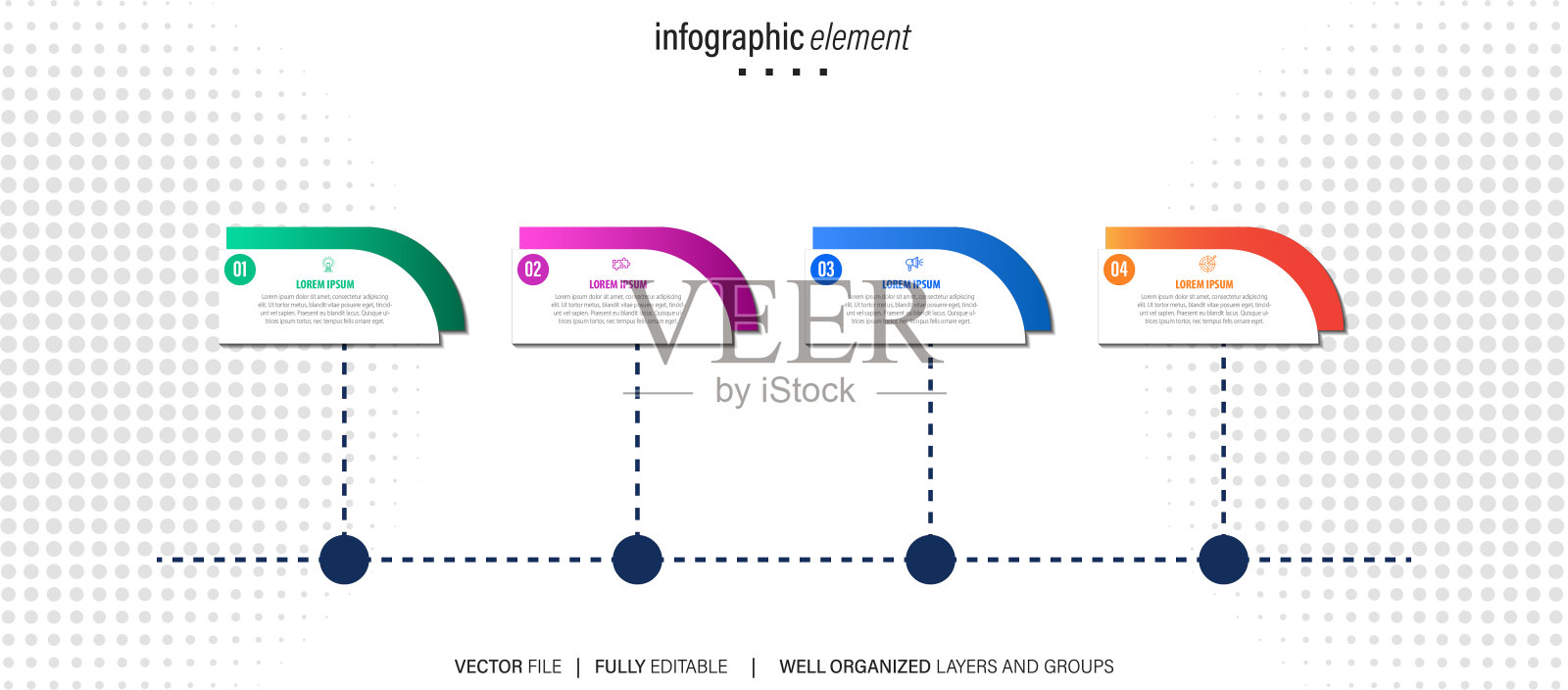 4个连续步骤的商业模式概念。四个彩色图形元素。宣传册、演示文稿的时间线设计。资讯图设计布局插画图片素材