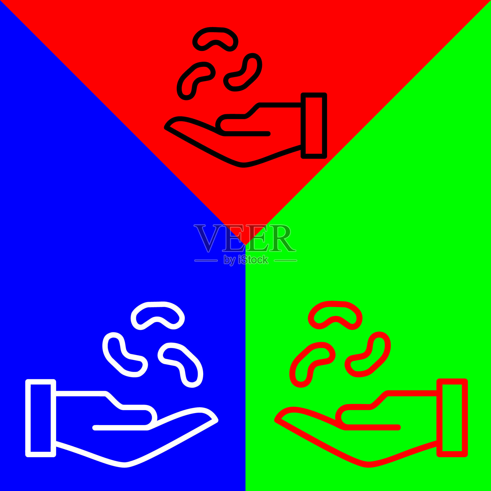 手或种子矢量图标，线性风格的图标，从农业图标收集，隔离在红色，蓝色和绿色背景。插画图片素材