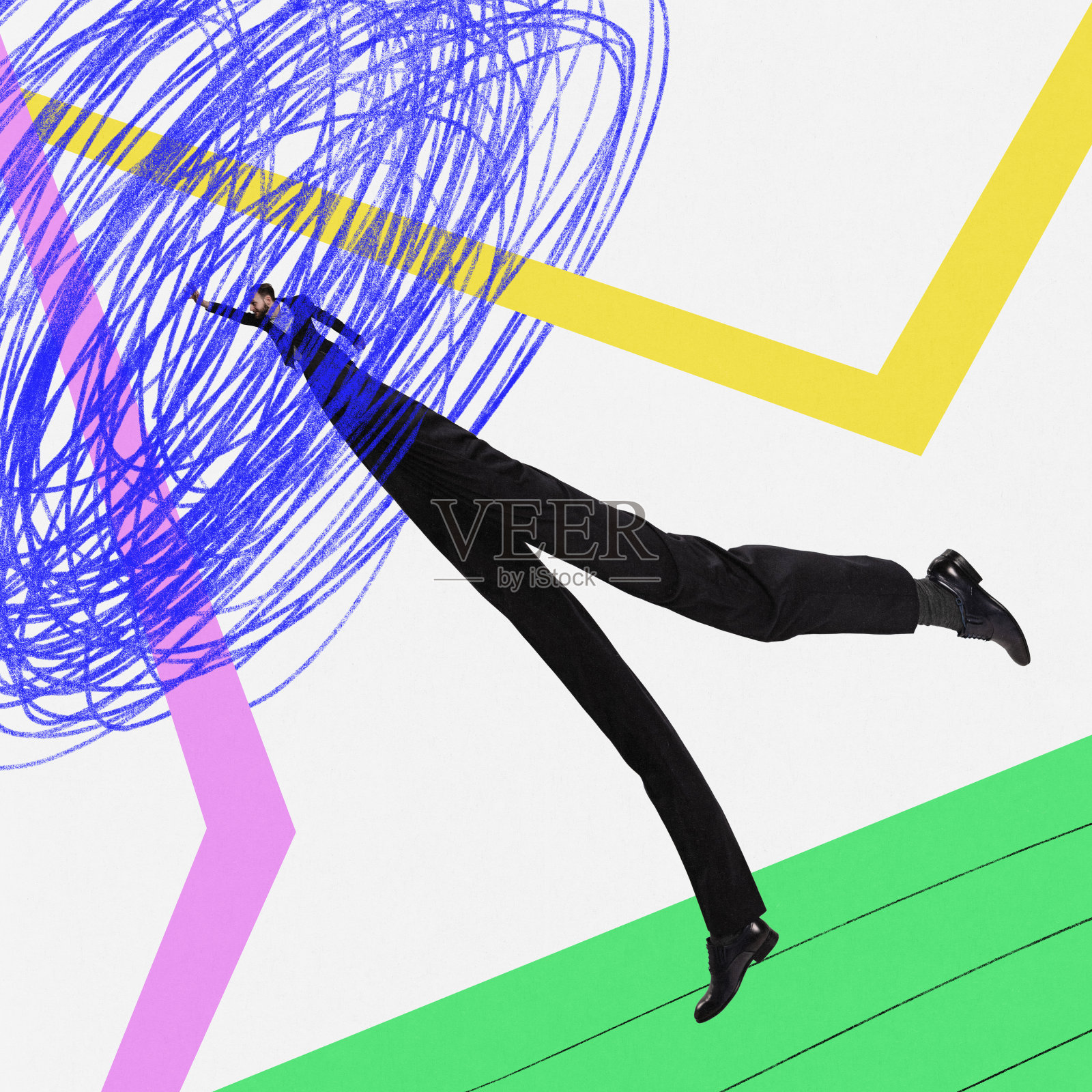 为个人和职业成功而努力的商人。头脑风暴和工作流程。最后期限。当代艺术拼贴。照片摄影图片