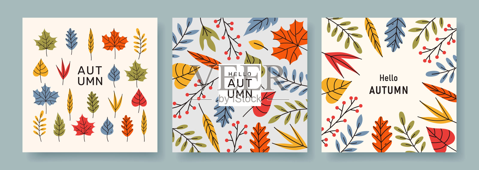 一套时髦的极简秋季旗帜与明亮美丽的树叶和现代排版。落方形背景。矢量模板卡片，邀请，社交媒体帖子，海报，移动应用程序，网络广告。插画图片素材