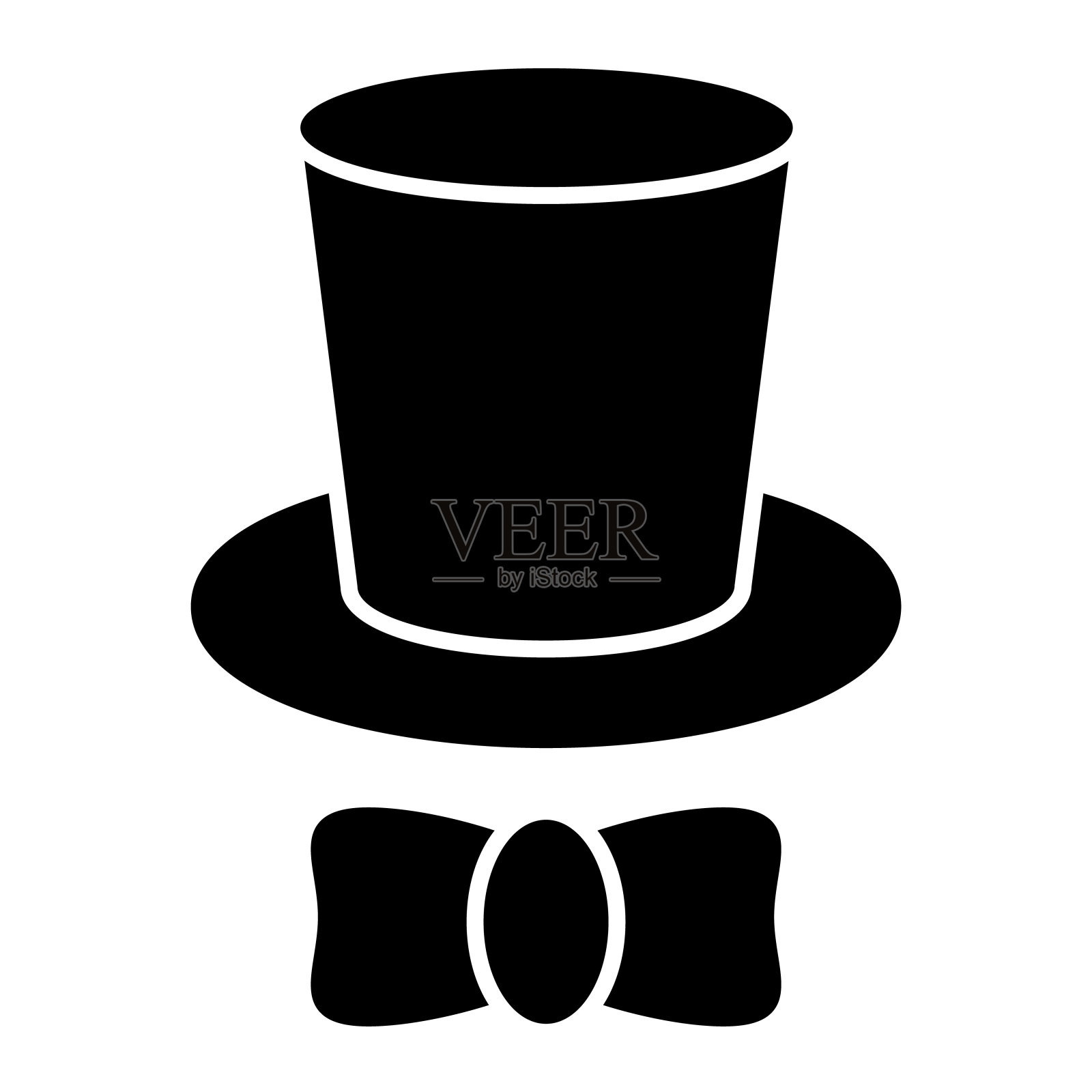魔术师帽固体图标。黑色男子复古绅士帽筒和弓。生日派对矢量设计概念，字形风格的象形文字在白色的使用和应用程序。插画图片素材