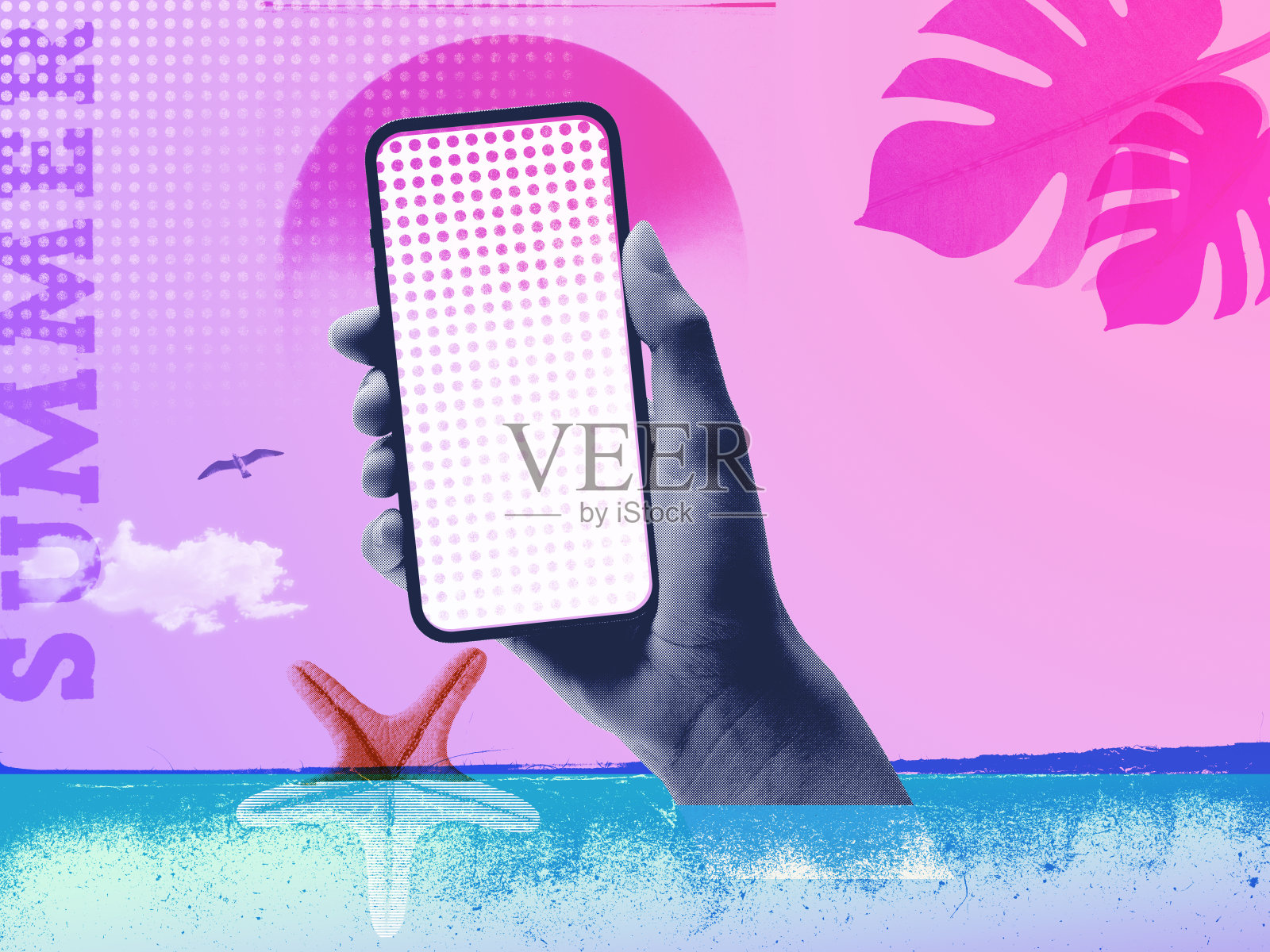 暑假复古拼贴艺术海报与智能手机照片摄影图片