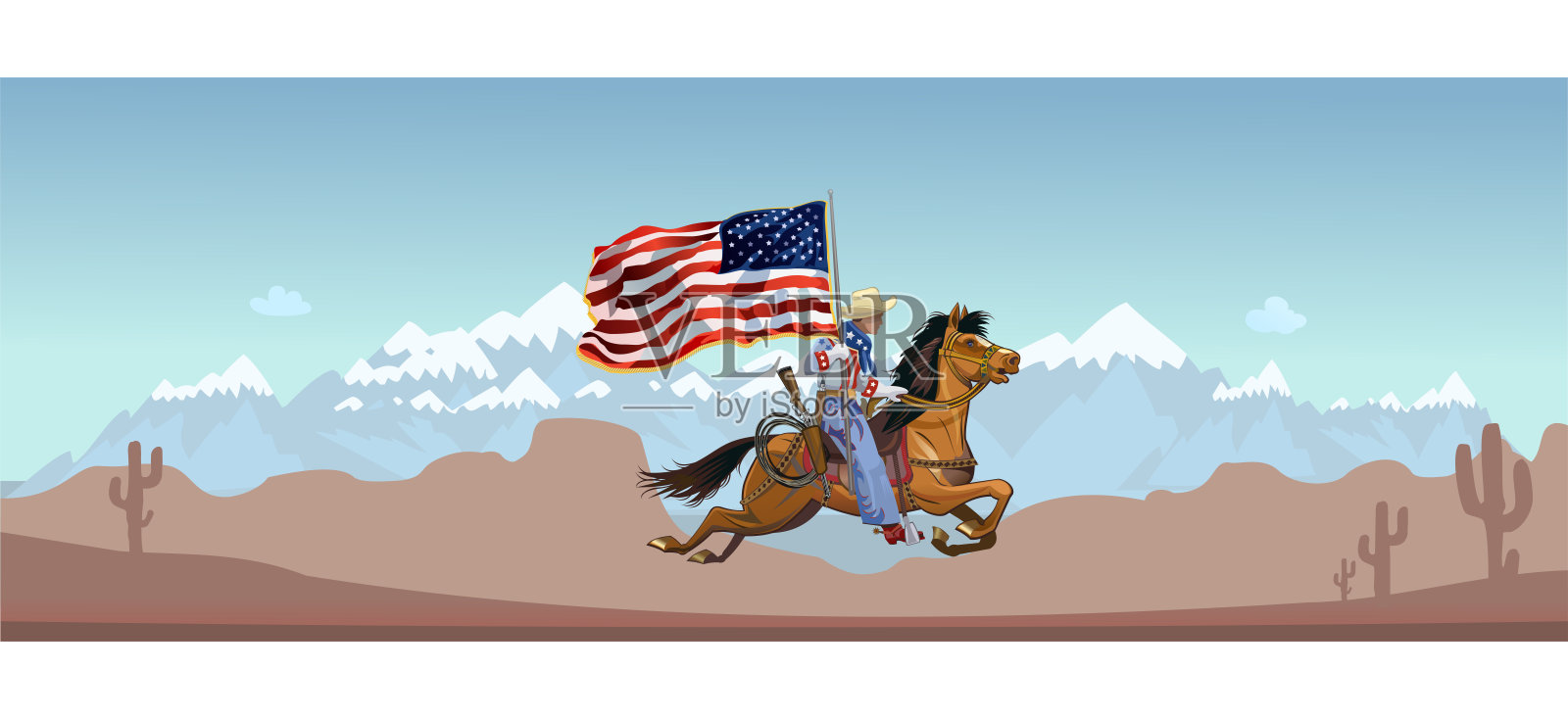 一个人在狂野的西部草原上骑马插画图片素材