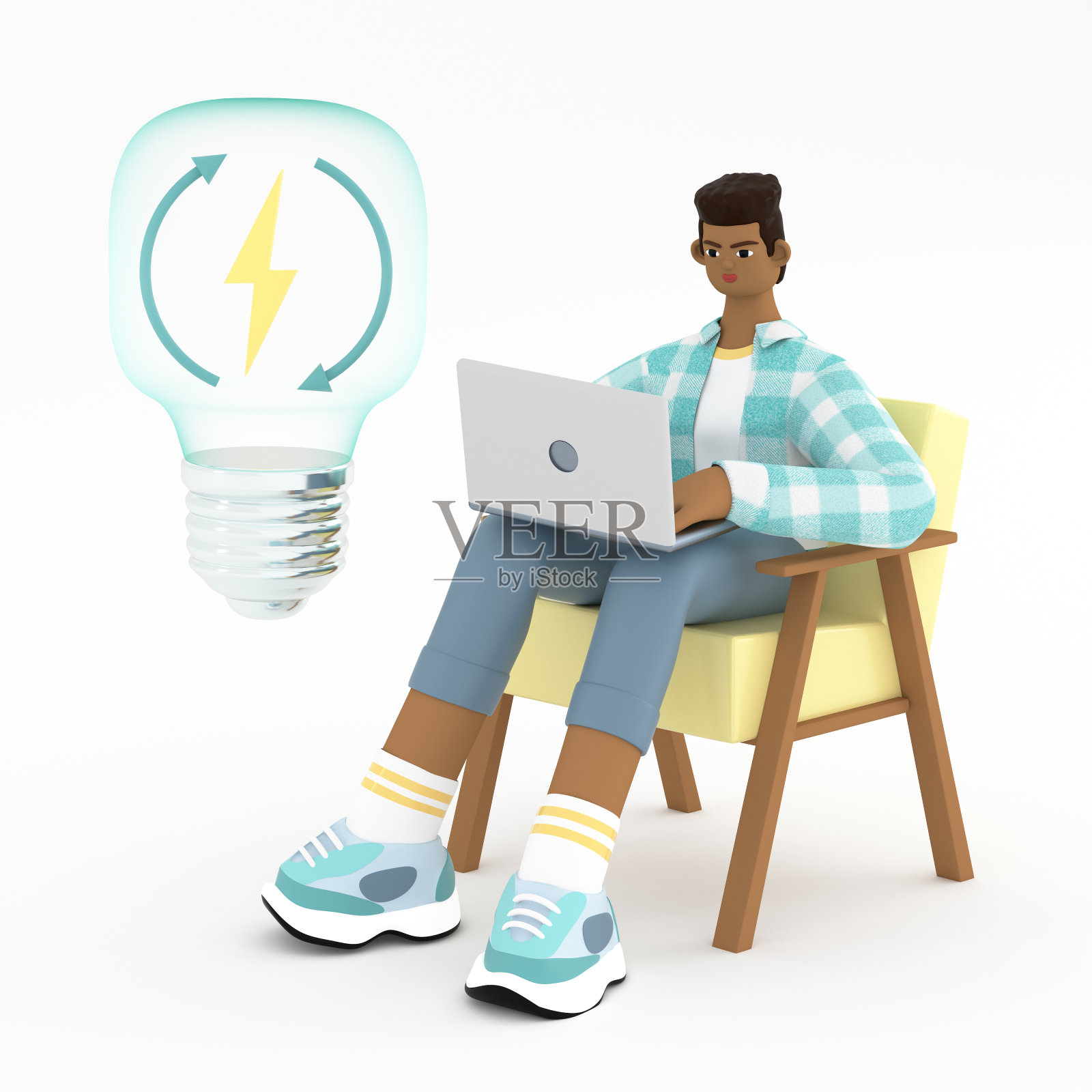 可再生绿色能源的概念。一名男子手持笔记本电脑，开发环保能源新技术:环境与绿色能源3d渲染图。照片摄影图片