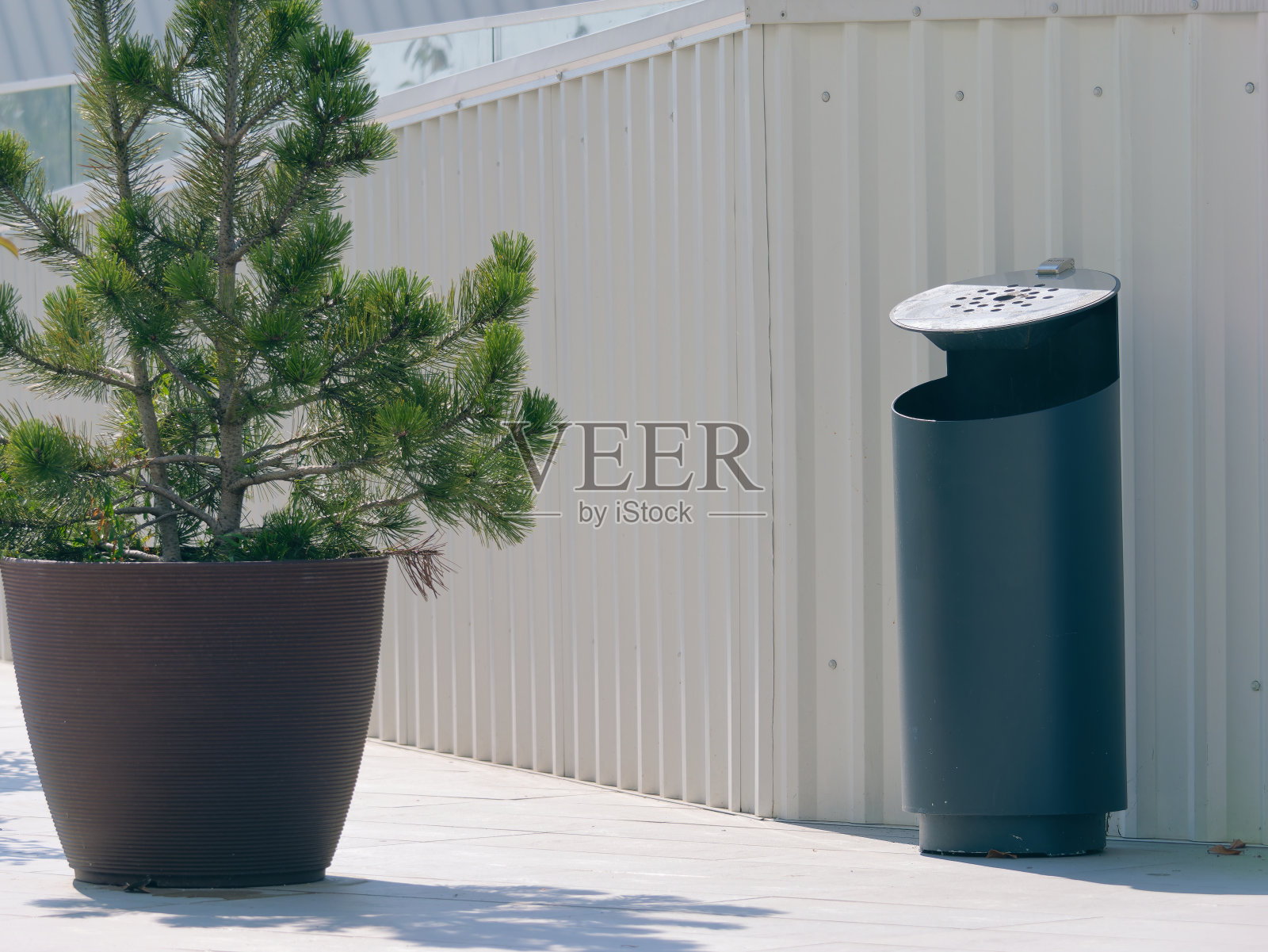 一个垃圾桶的特写照片，上面有一个金属烟灰缸，旁边是一盆植物，外面是一堵薄薄的白墙照片摄影图片