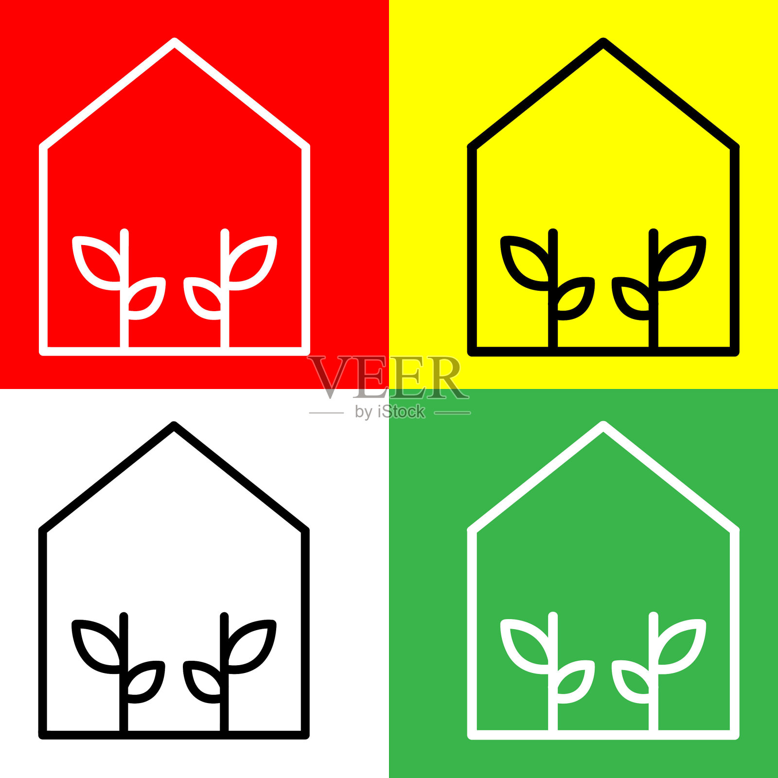 温室矢量图标，线性风格的图标，从农业图标收集，隔离在红色，黄色，白色和绿色背景。图标素材