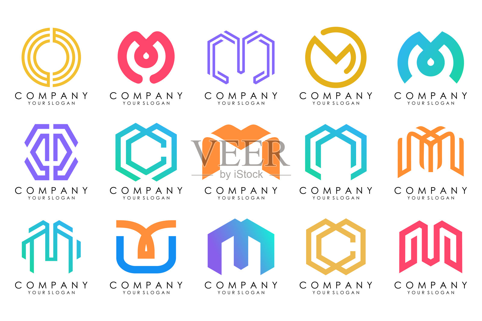 一组字母M标志设计向量。现代M字母设计的集合，色彩缤纷。插画图片素材