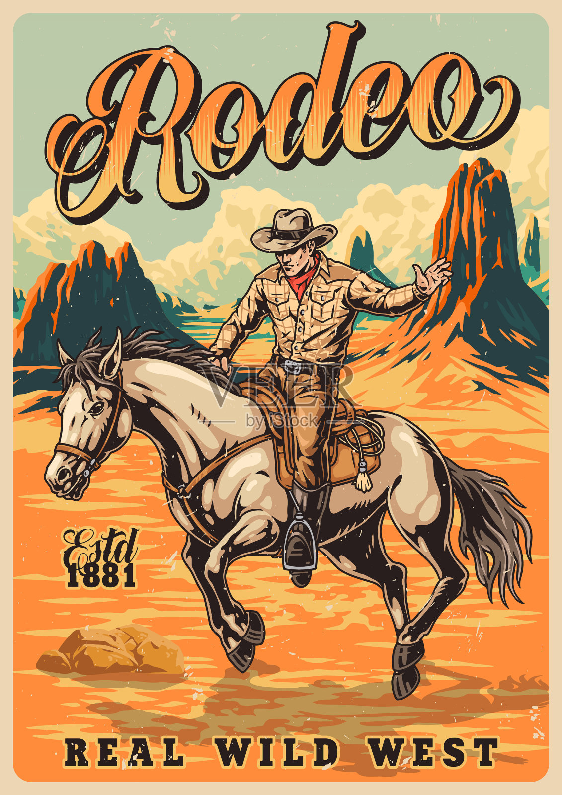 牛仔竞技骑手复古海报五颜六色插画图片素材