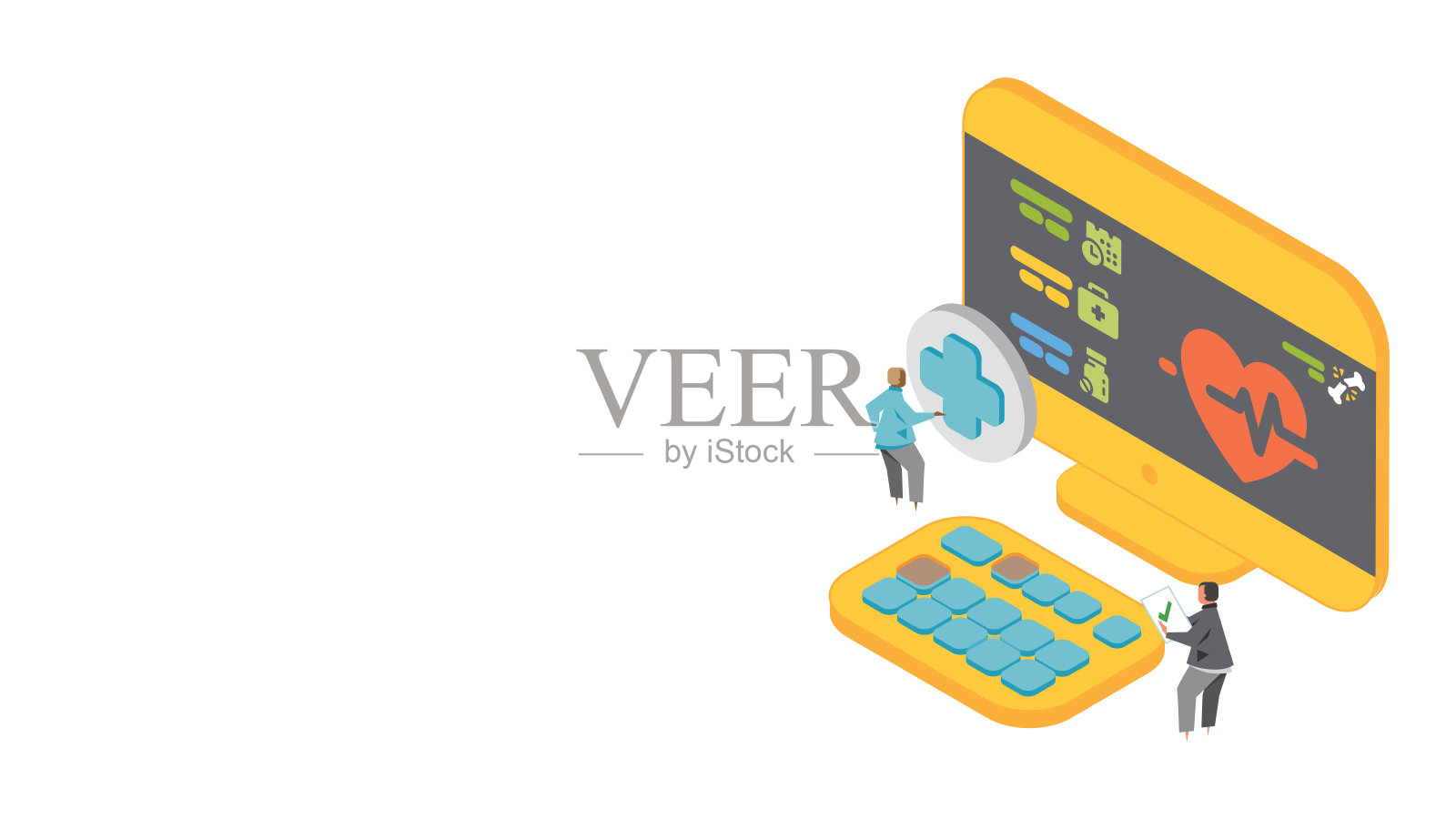 等距三维人与一个巨大的计算机交互-医疗工作者图标-现代技术-通信设备-远程工作-医生在办公室插画图片素材