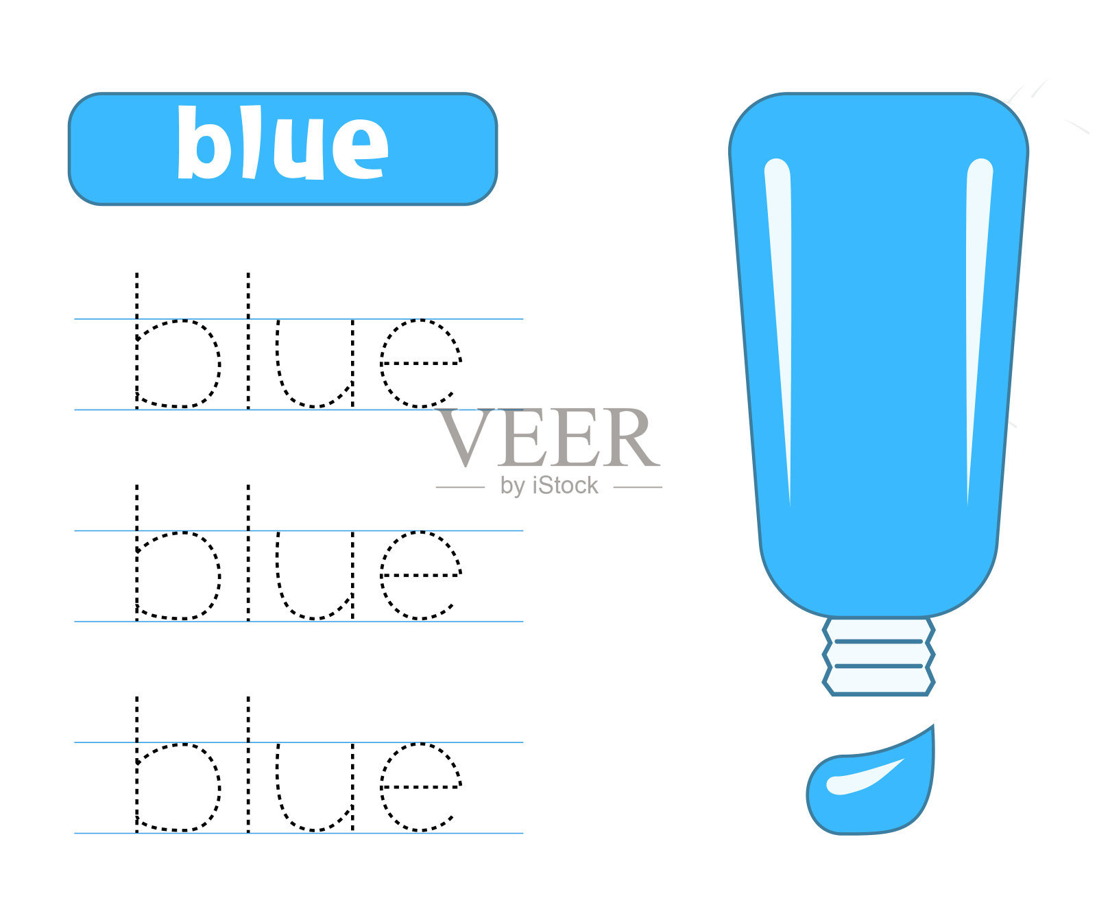 用颜料管描出并写下蓝色这个词。书法练习。学习颜色。孩子们的工作表。插画图片素材