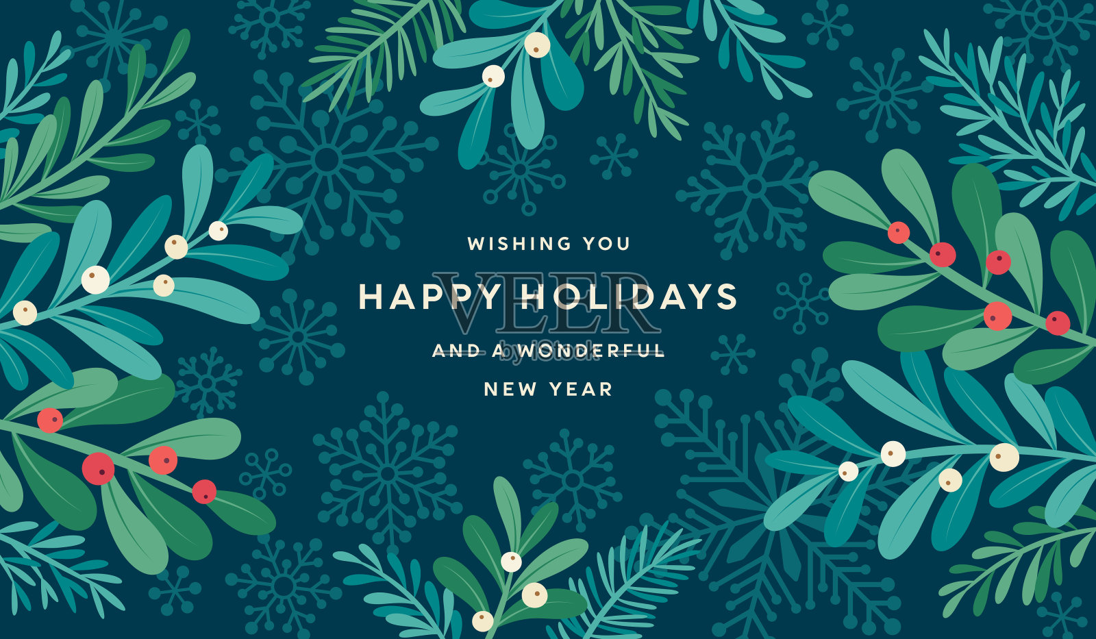 节日背景与槲寄生树枝，浆果和雪花插画图片素材