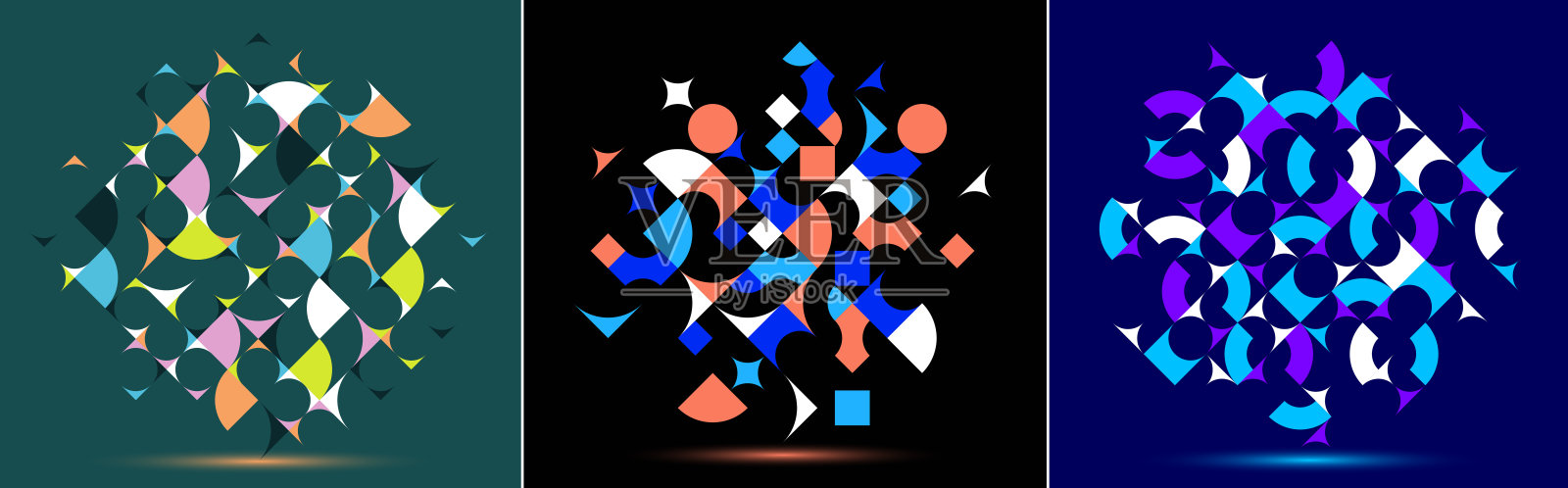 抽象几何设计集矢量图案构图，彩色70年代复古风格的模板艺术，创意优雅的背景，模块化抽象。插画图片素材