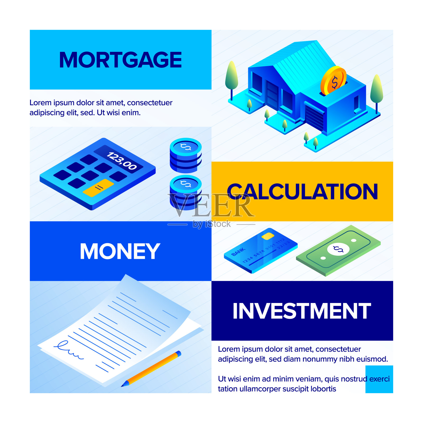 矢量插图抵押等距图标集和三维横幅设计。债务，金融贷款，抵押贷款，房屋租赁，保险，投资。插画图片素材