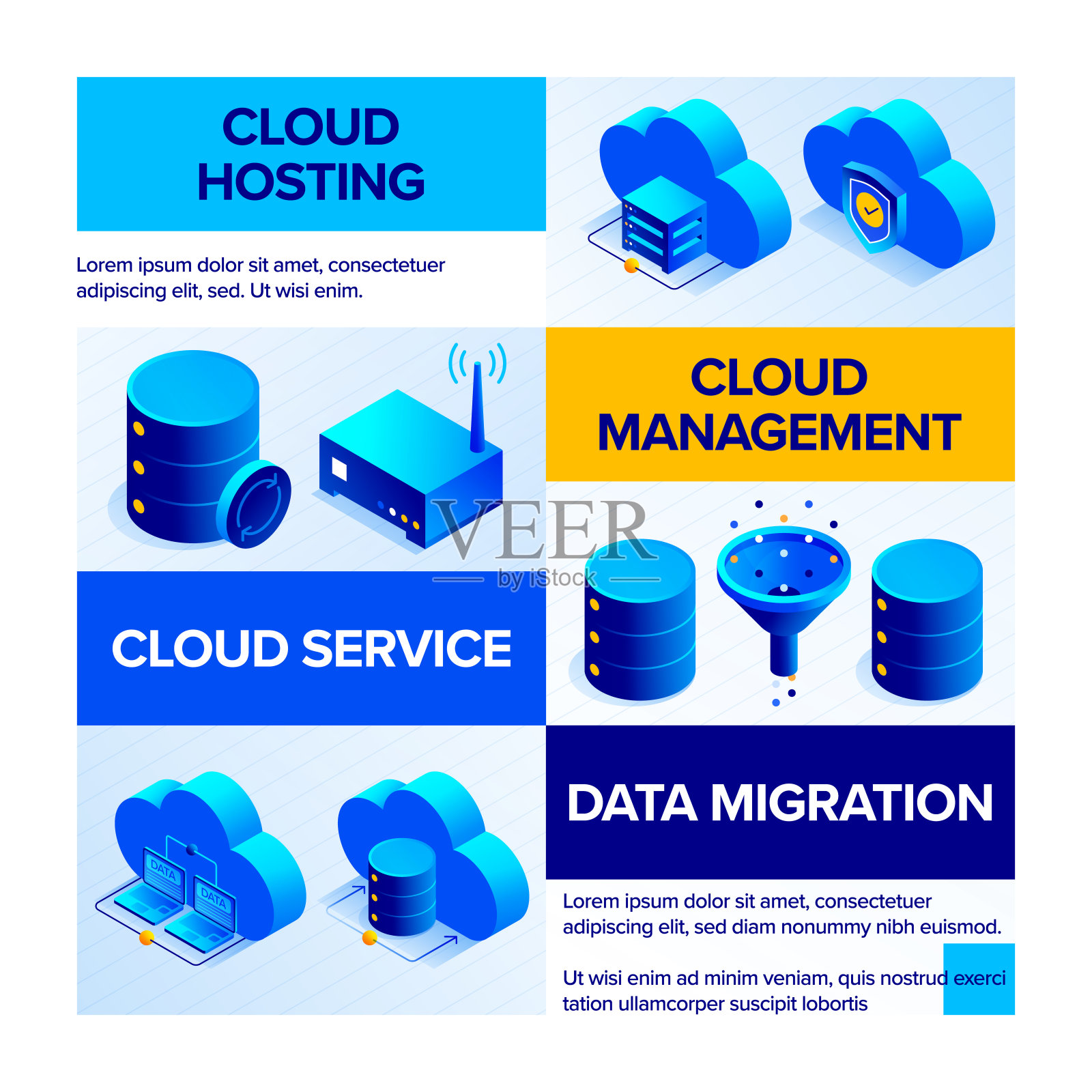 大数据等距图标和三维横幅设计的矢量插图。插画图片素材