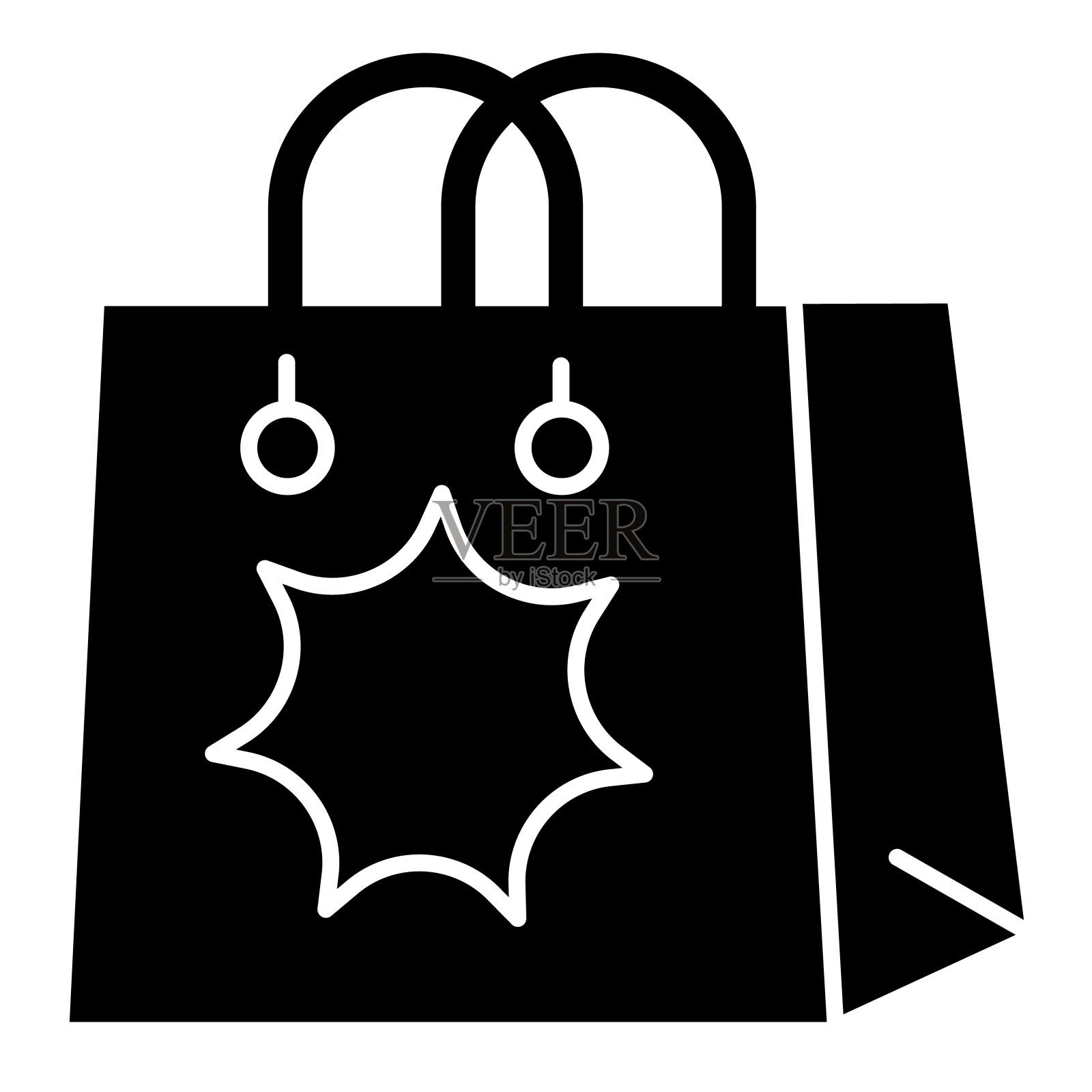 惊喜包固体图标。带星形和手柄的假日购物袋。生日快乐矢量设计概念，gluph风格的象形文字在白色的使用和应用程序。插画图片素材