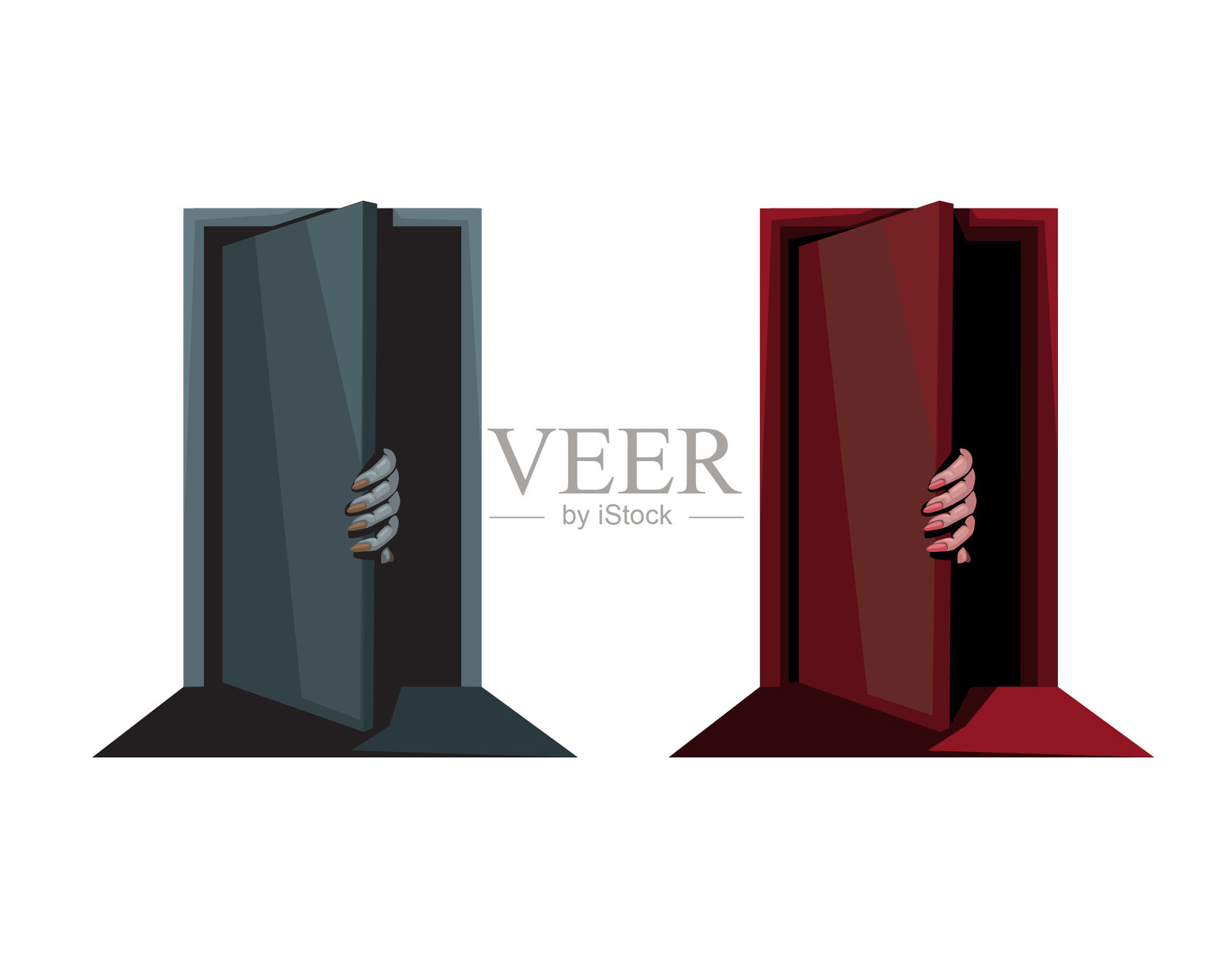 可怕的门神秘的手从黑暗的房间插画图片素材