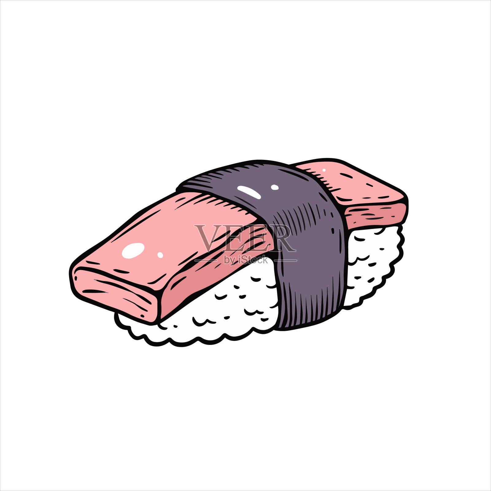 手绘线条艺术寿司与鱼。亚洲食品素描艺术矢量插图。插画图片素材