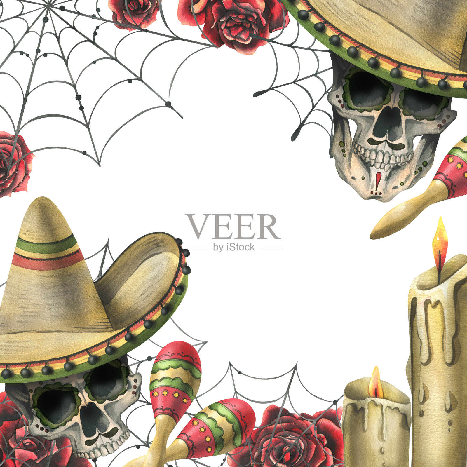 人类头骨，戴着宽边帽，配上沙球、红玫瑰、蜡烛和蜘蛛网。手绘水彩插图的一天的死亡，万圣节，亡灵节。模板上的白色背景。插画图片素材