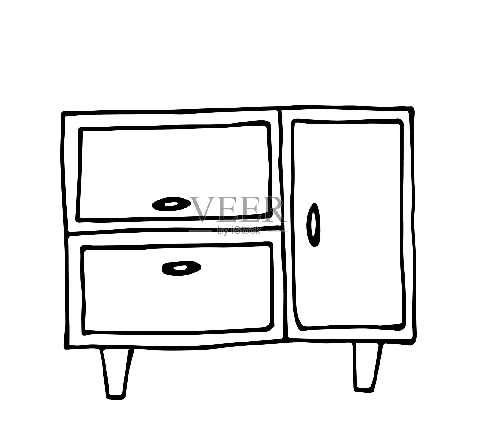 五斗橱，一个带门的小壁橱。室内物品，家具。简单的黑色轮廓矢量绘图。用墨水写生。插画图片素材