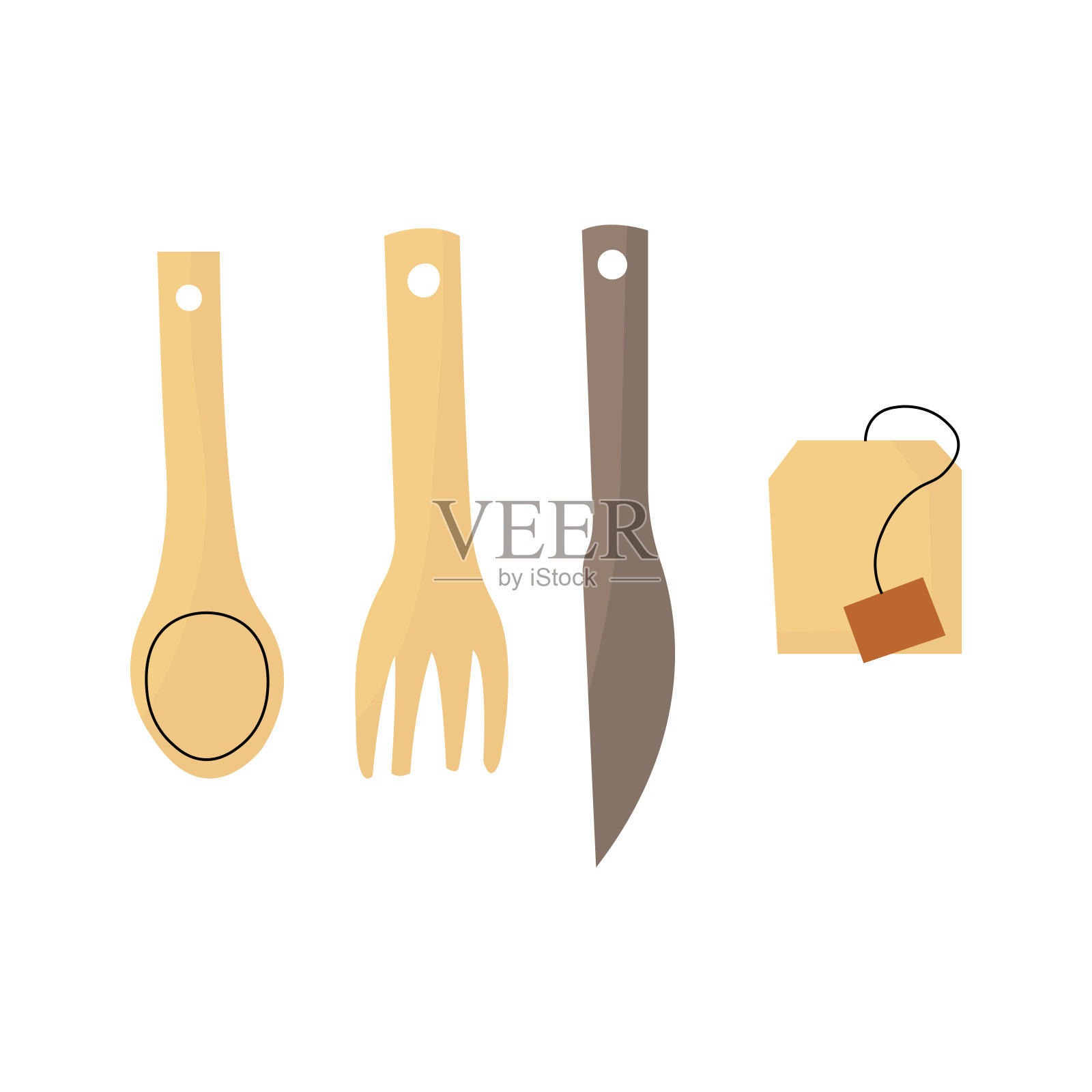 配有刀叉的食品配件。厨房用品和茶包。插画图片素材