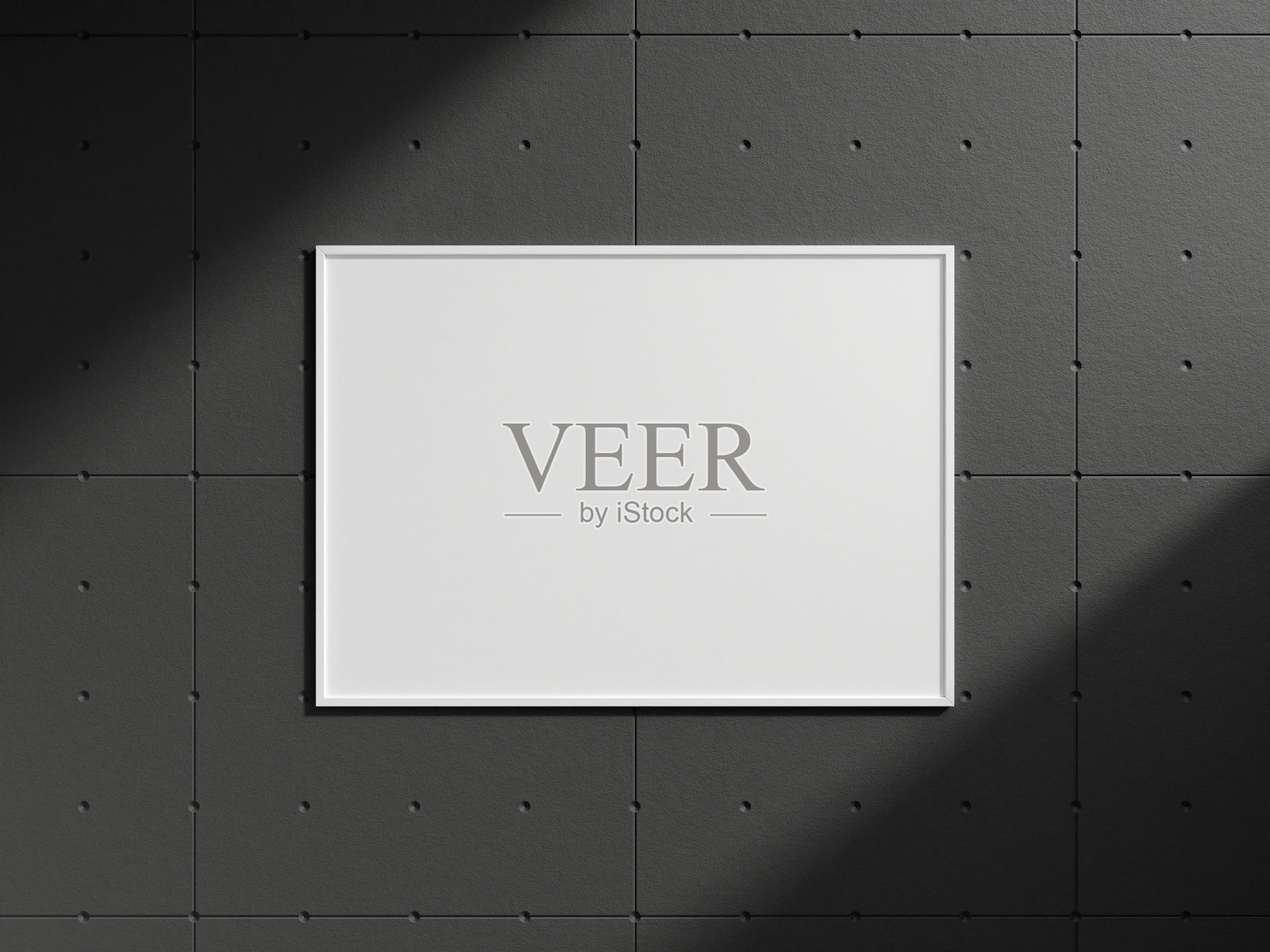 干净和极简主义的正面景观白色照片或海报框架模型挂在工业砖墙与阴影。3 d渲染。照片摄影图片