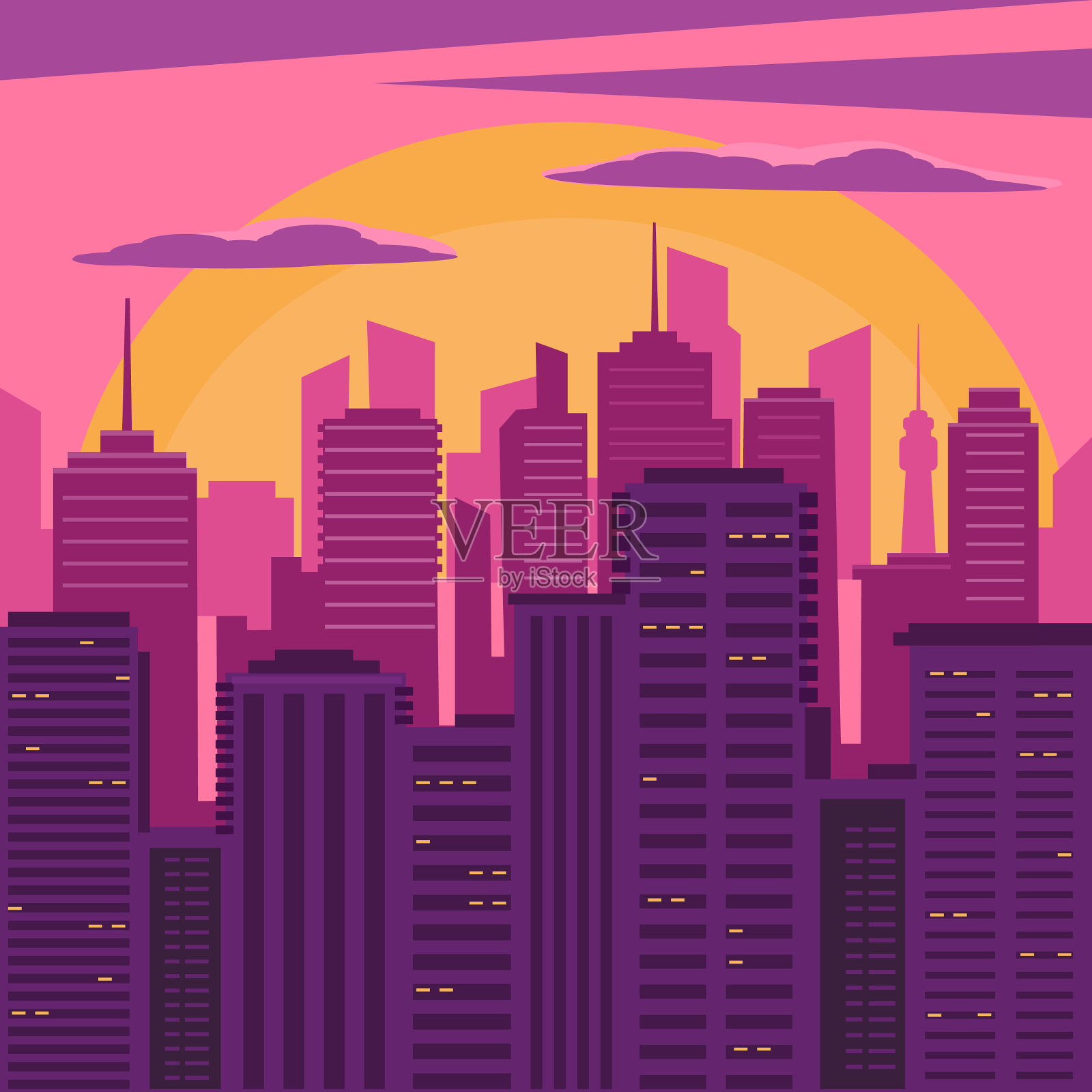 黎明时分的城市天际线插画图片素材