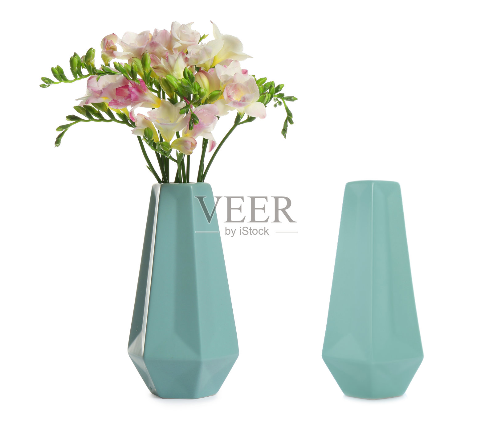 时尚的花瓶充满了美丽的小苍兰花和空的一个在白色的背景。拼贴设计照片摄影图片