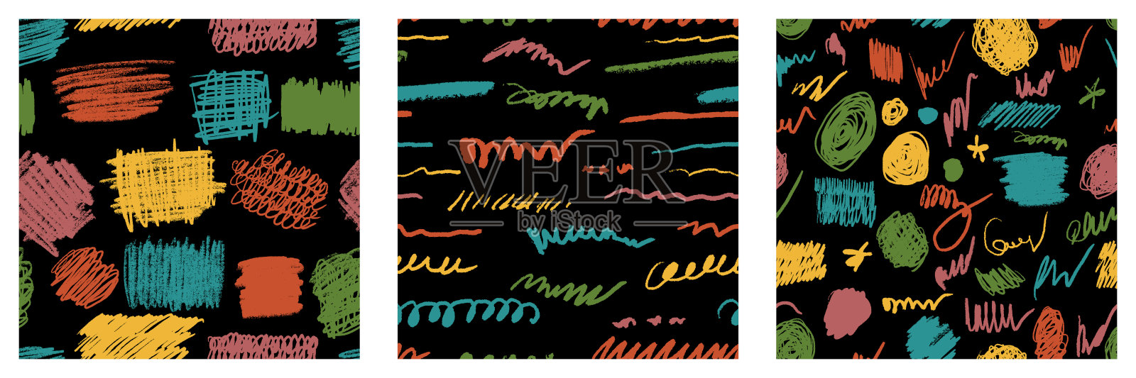 涂鸦集和无缝模式。手绘彩色铅笔卷线。标记画歪歪扭扭，笔画矢量插图。用画笔画草图。潦草纹理手绘壁纸和元素插画图片素材