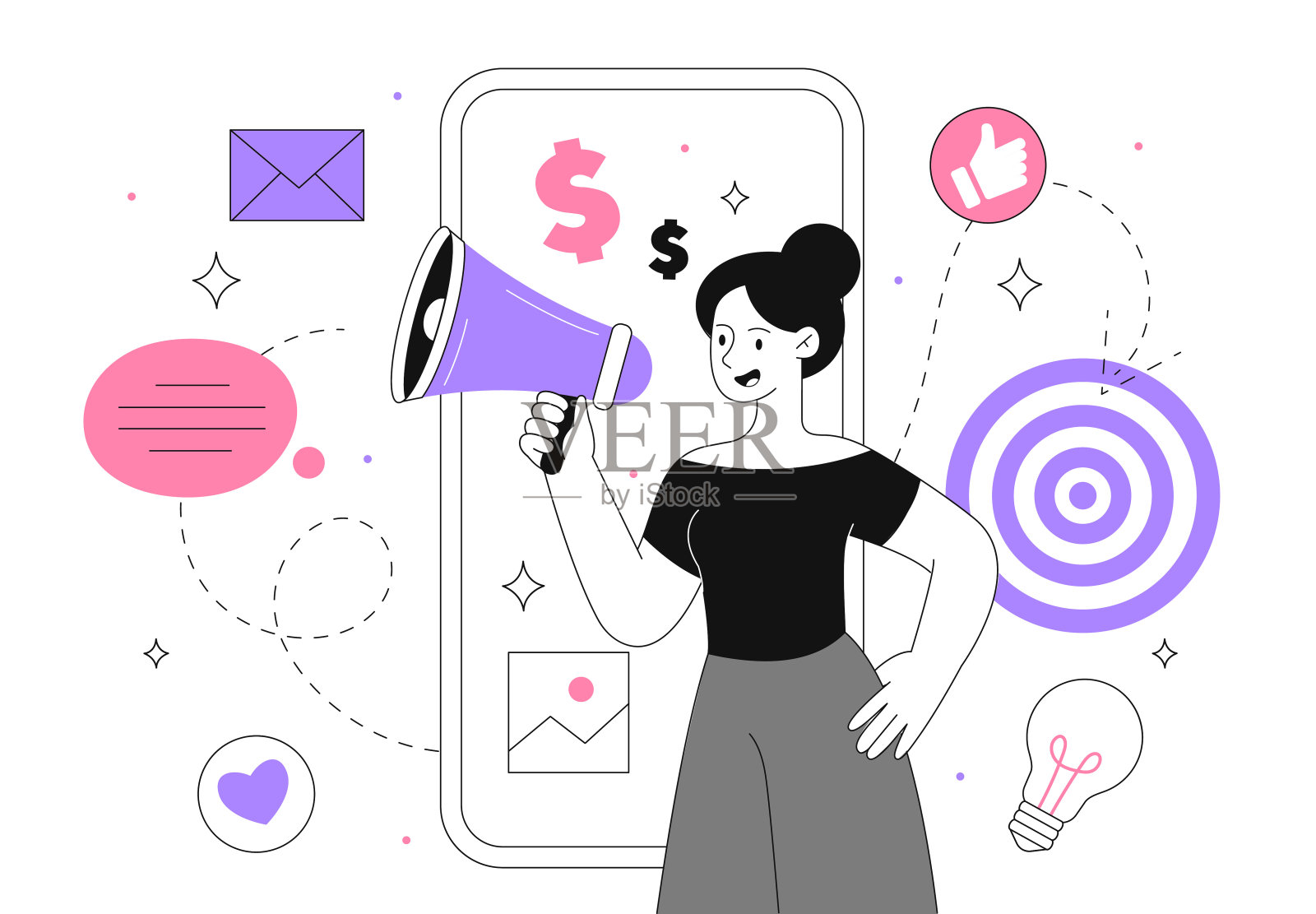 营销人员与扬声器矢量线的概念插画图片素材