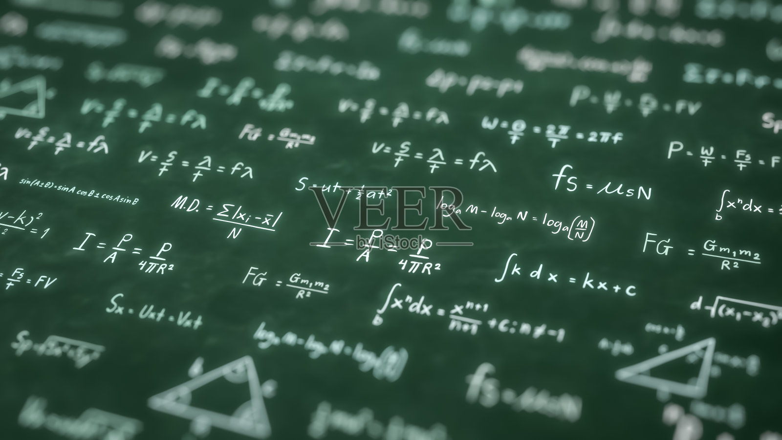 物理方程概念，数学计算，科学公式，算术和手写几何符号，黑板背景下手写粉笔研究，三维渲染照片摄影图片