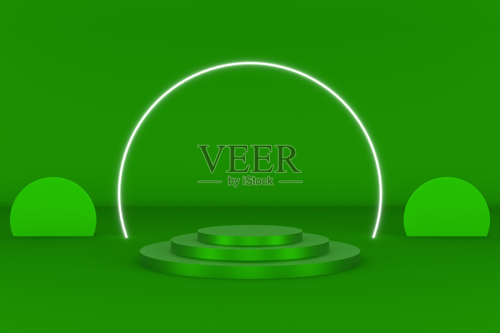 3d平台绿色用于产品背景舞台或讲台和空白展示平台，环形霓虹灯白色。三维插图渲染照片摄影图片