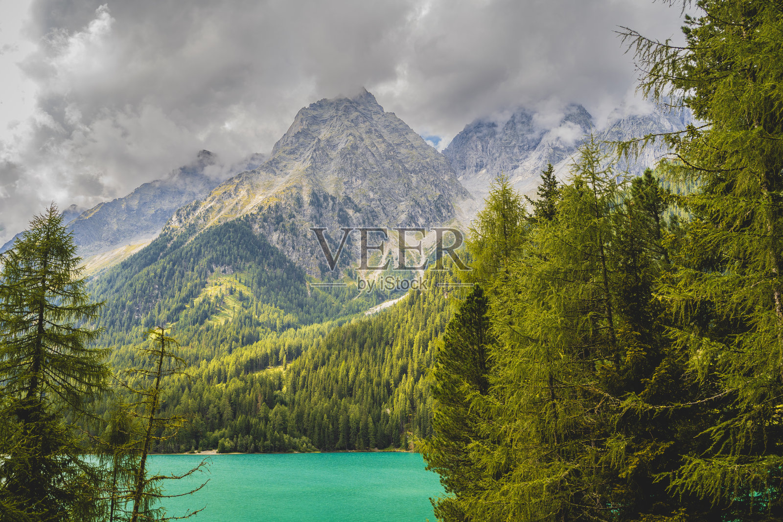 参见:风景秀丽的高山湖泊，被树木环绕在意大利南蒂罗尔照片摄影图片