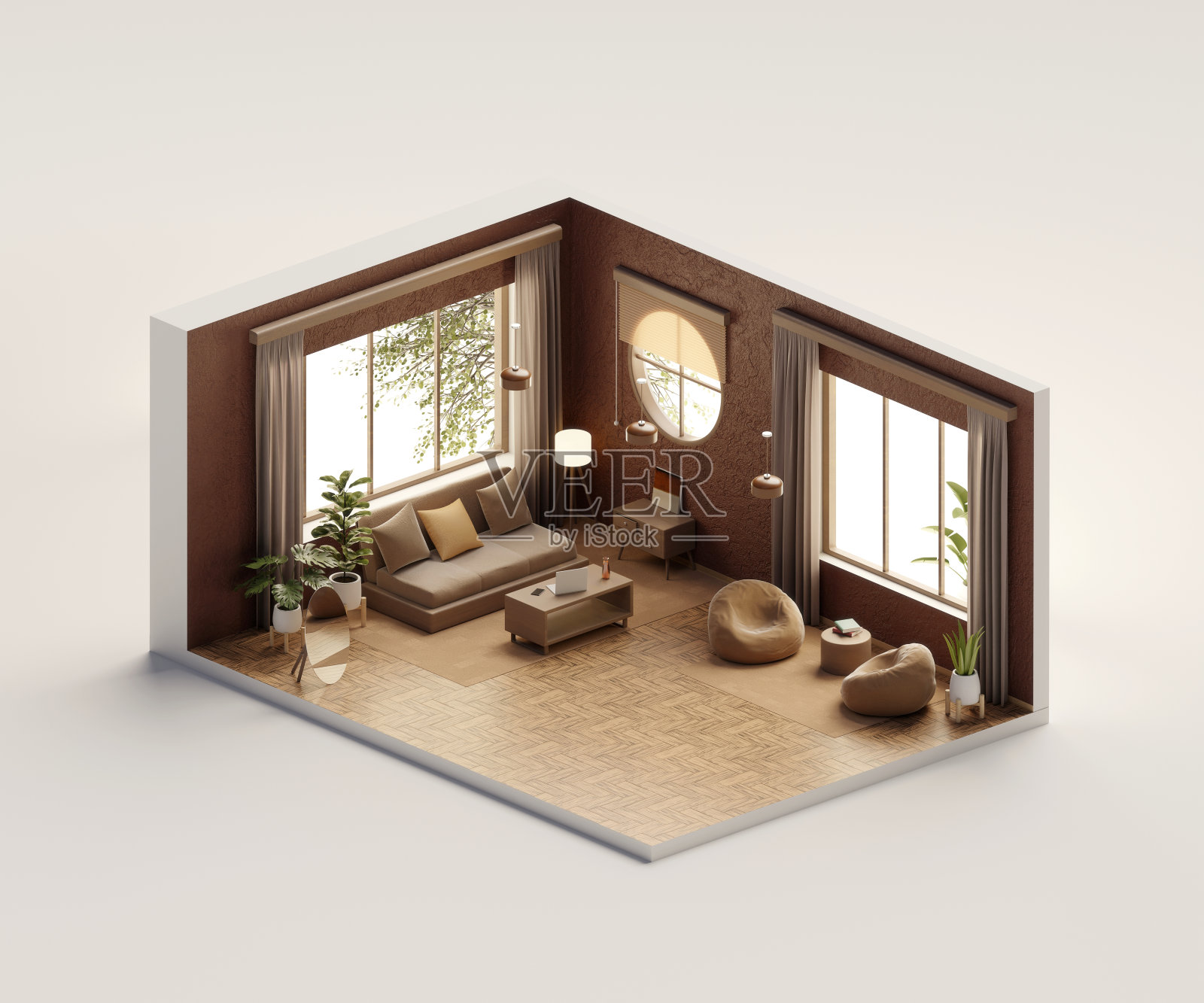 等距视图客厅无印良品风格开放内部建筑3d渲染数字艺术照片摄影图片