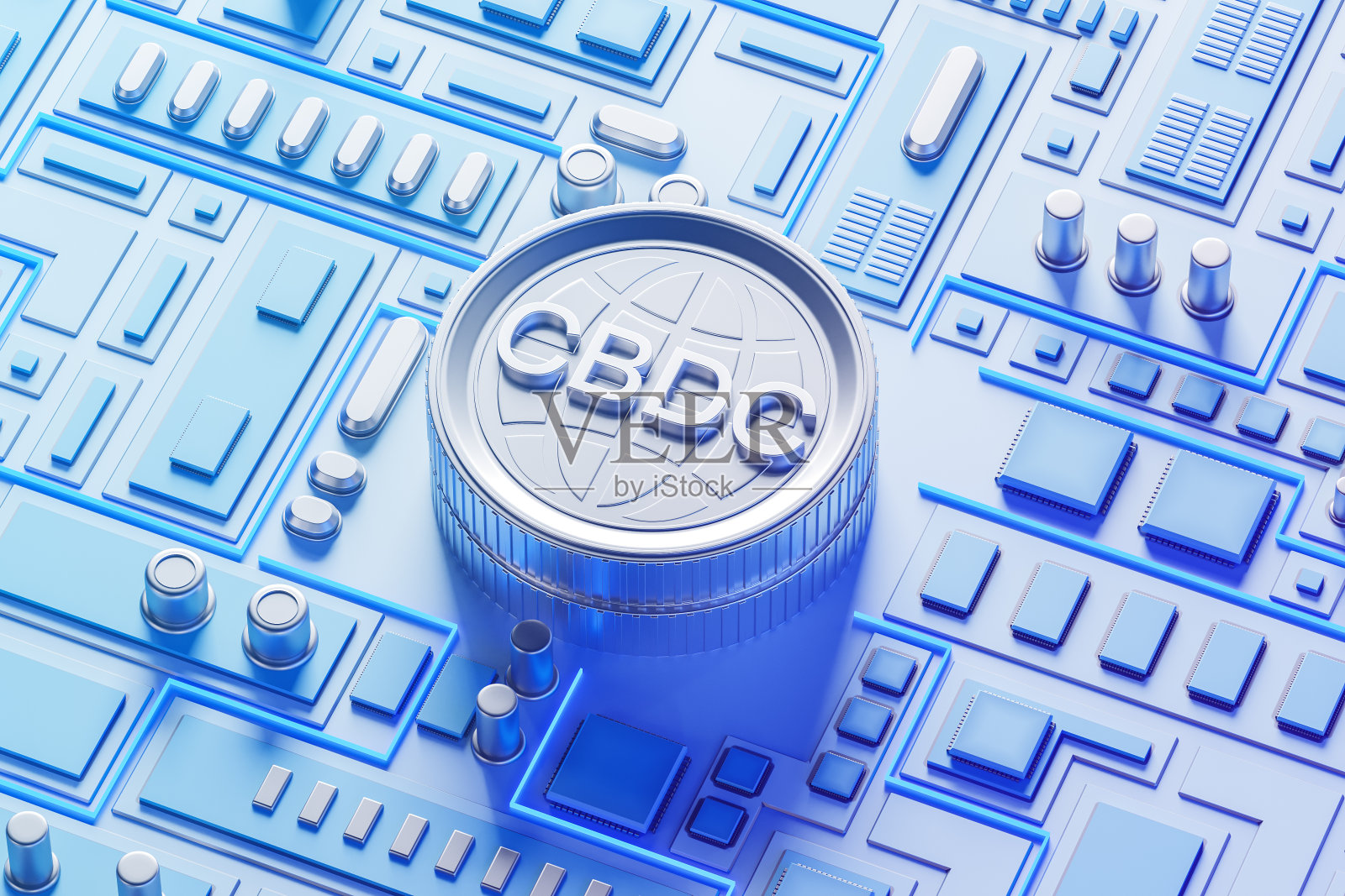 CBDC和电路板的俯视图与技术组件，数字货币照片摄影图片