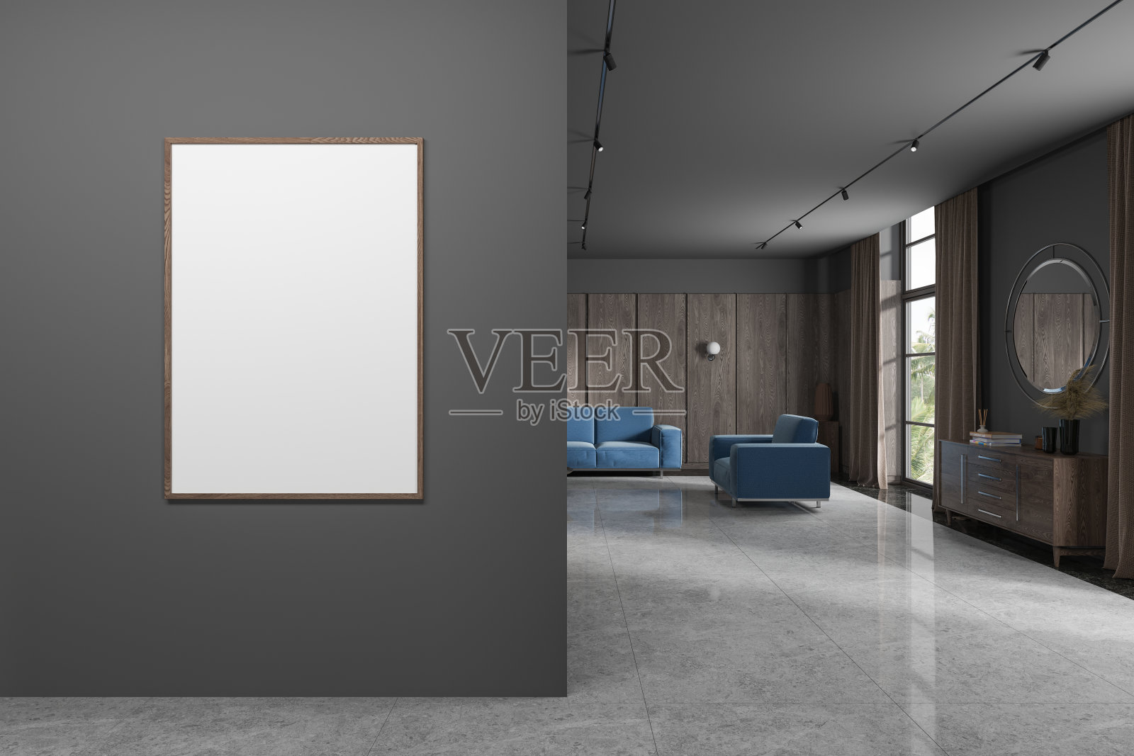 灰色和木制客厅，沙发，扶手椅和海报照片摄影图片