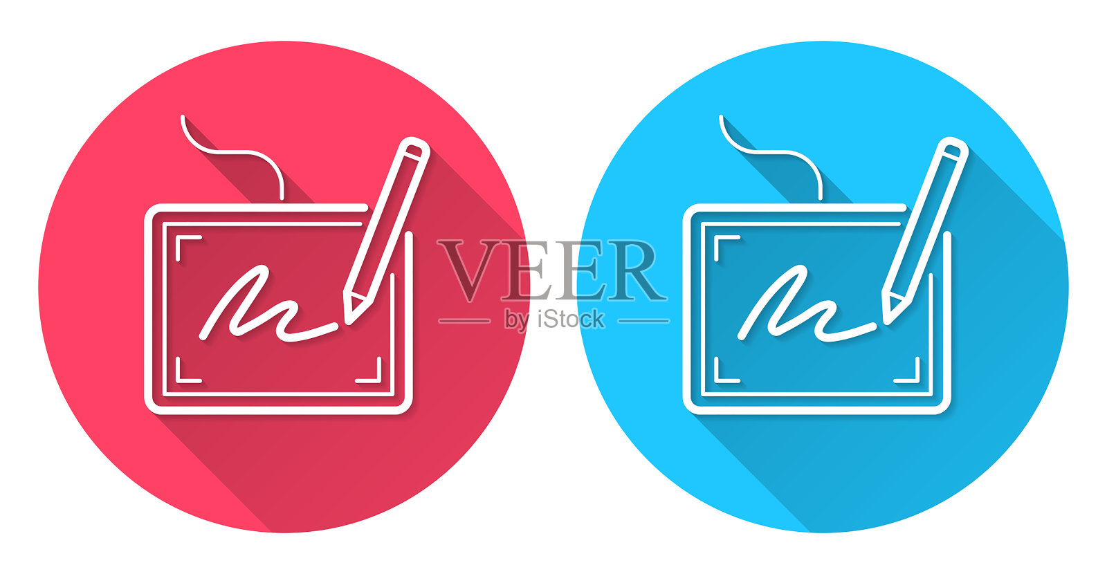 电子签名。圆形图标与长阴影在红色或蓝色的背景图标素材