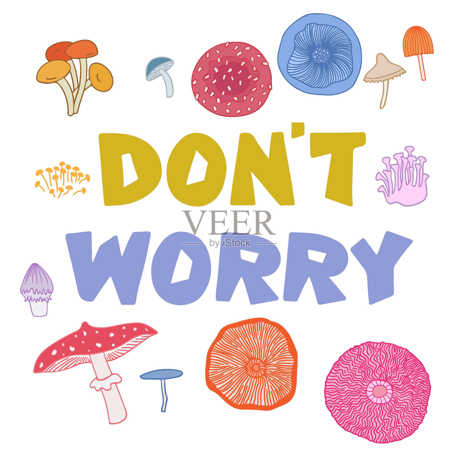 不要担心涂鸦风格的手绘字体设计与蘑菇。插画图片素材
