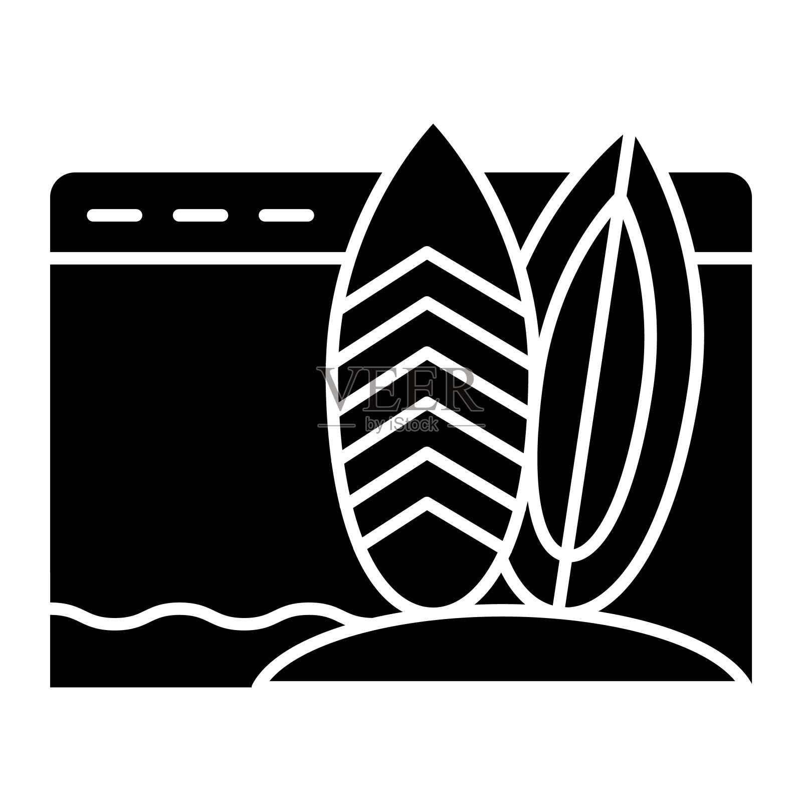 海上冲浪登陆页坚实的图标。网站冲浪板和海洋。浏览器矢量设计概念，字形风格的象形文字在白色的使用和应用程序。插画图片素材