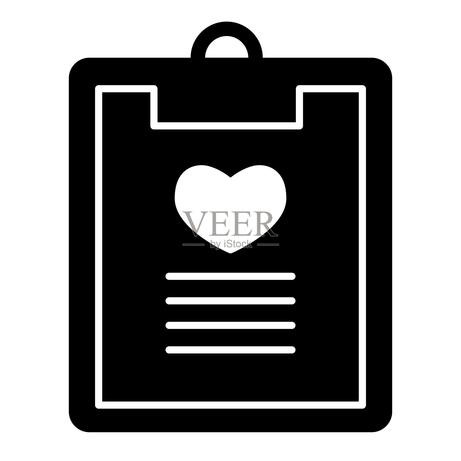 爱剪贴板固体图标。浪漫的报告与列表和心形符号，字形风格的象形文字在白色的背景。情人节的移动网页设计。矢量图形。图标素材